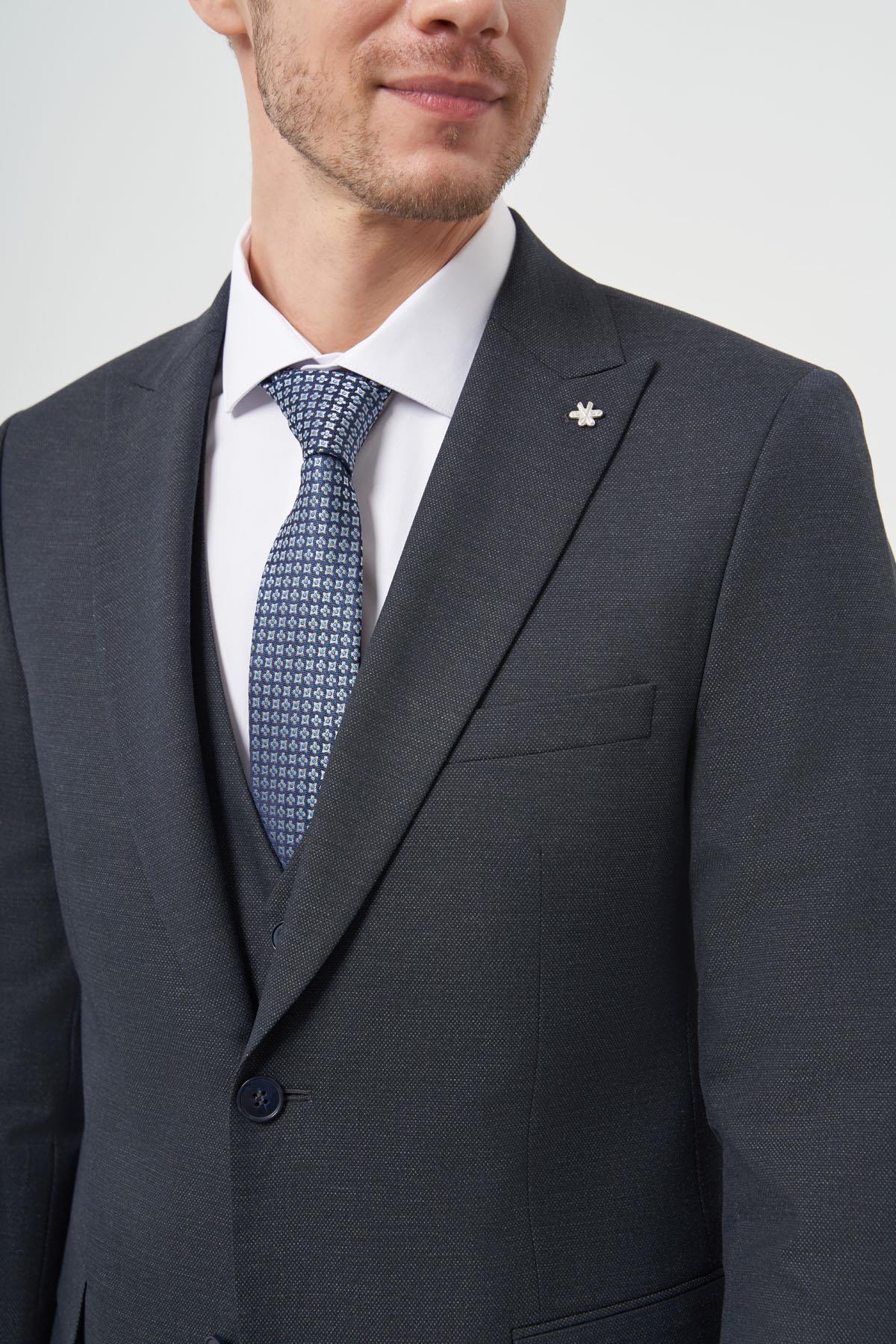 Morven Erkek Lacivert Poliviskon Trend Yelekli Desenli Slim Fit Sivri Yaka Takım Elbise