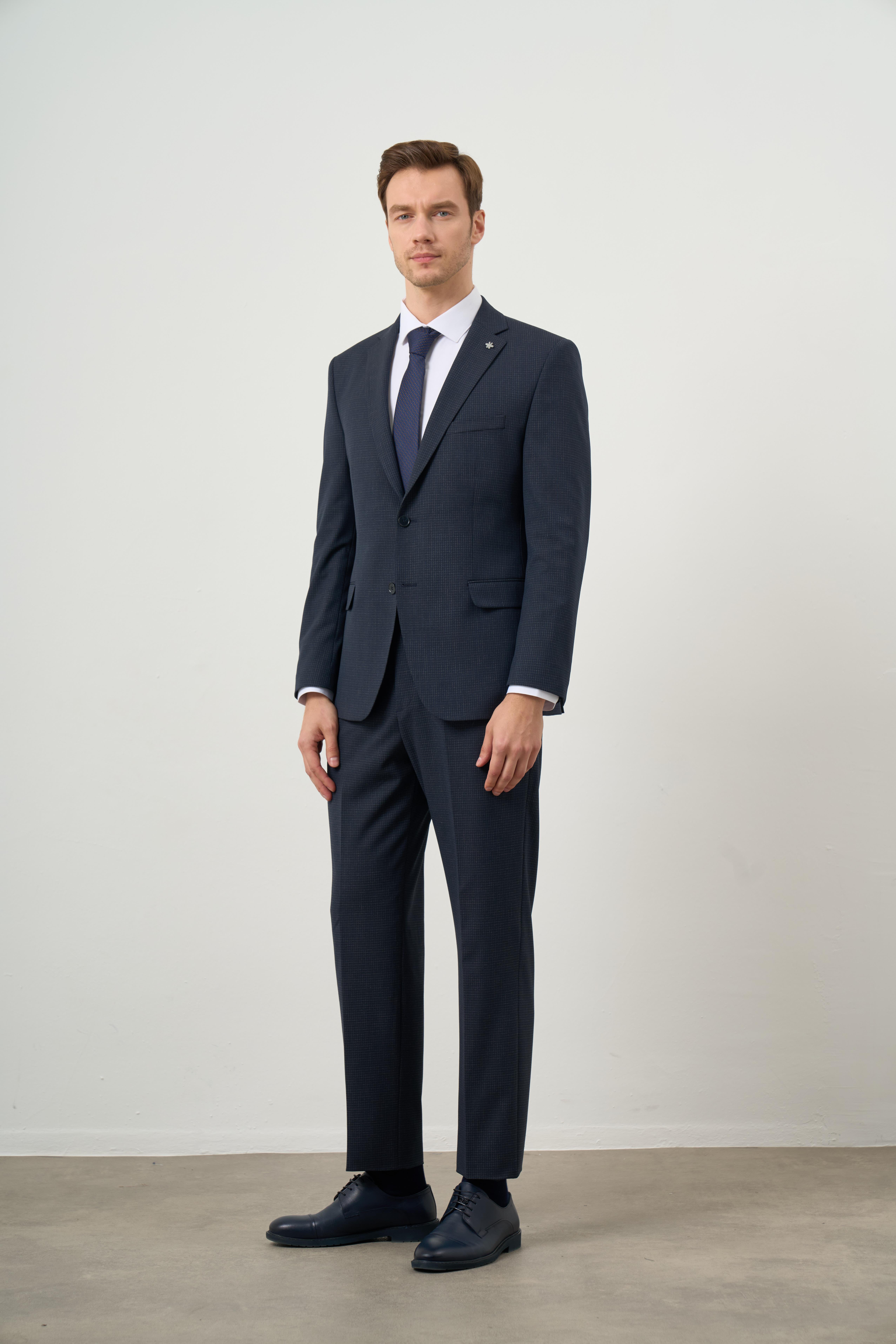 Morven Erkek Lacivert Poliviskon Trend Ekoseli Dynamic Fit Mono Yaka Takım Elbise