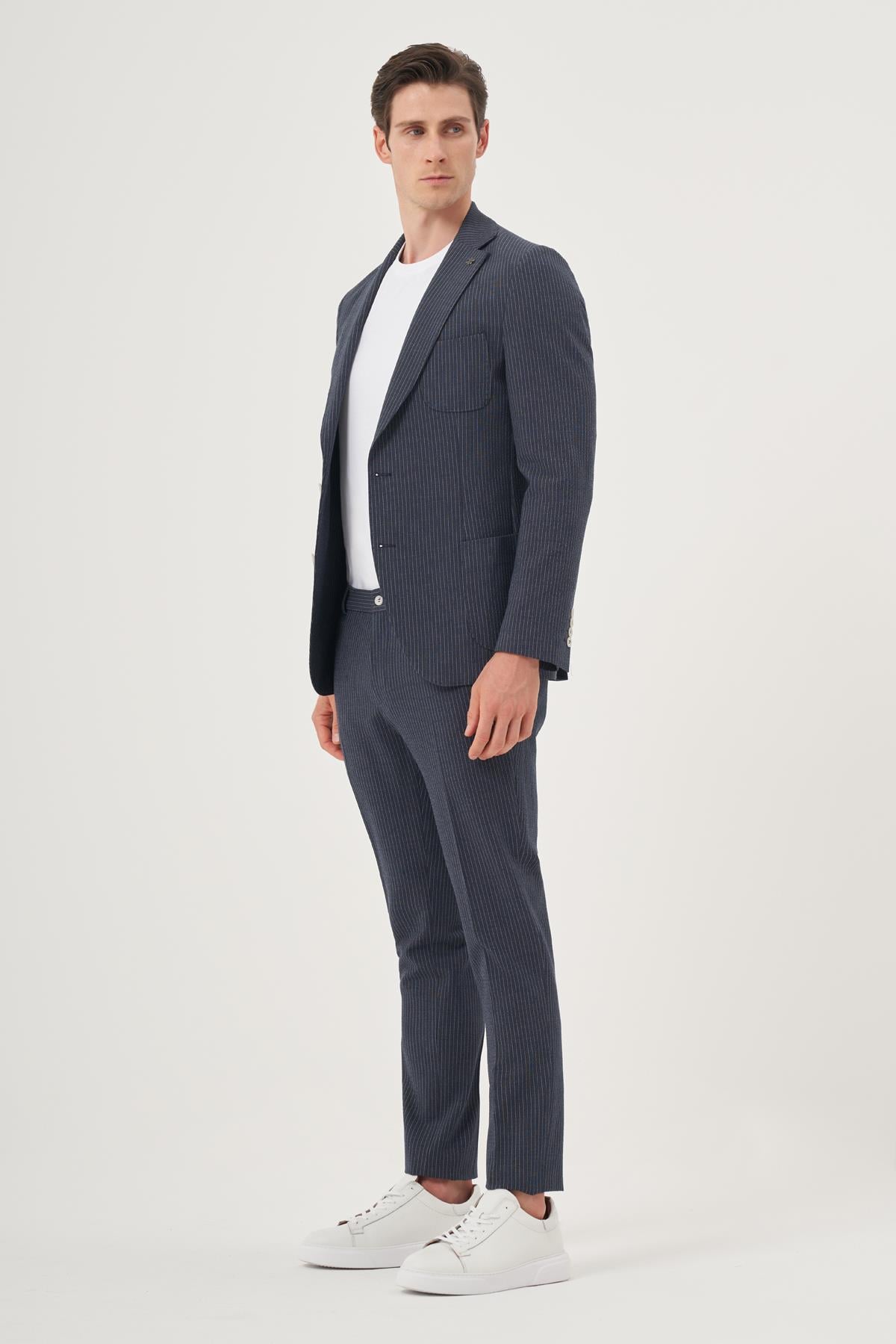 Morven Erkek Lacivert Poliviskon Trend Çizgili Slim Fit Mono Yaka Takım Elbise