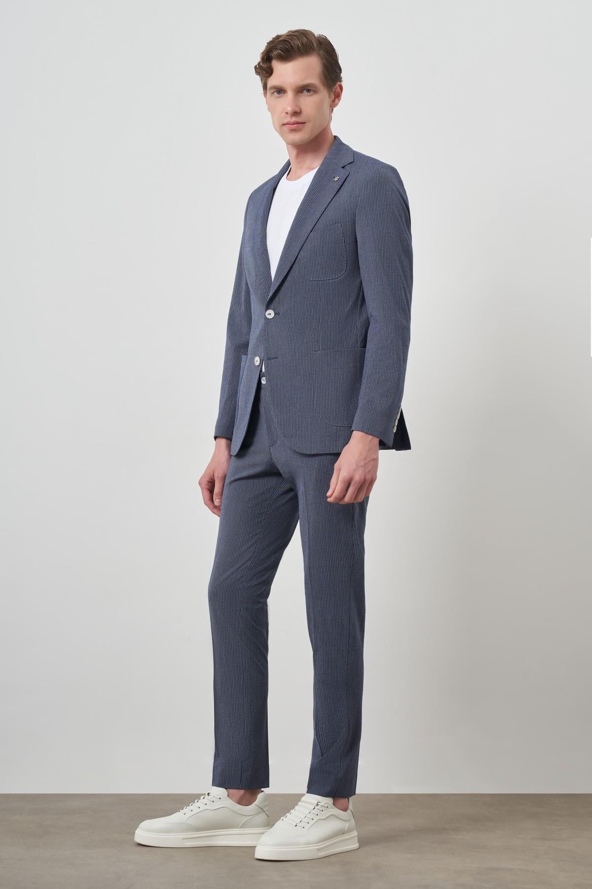 Morven Erkek Lacivert Poliviskon Trend Çizgili Slim Fit Mono Yaka Takım Elbise