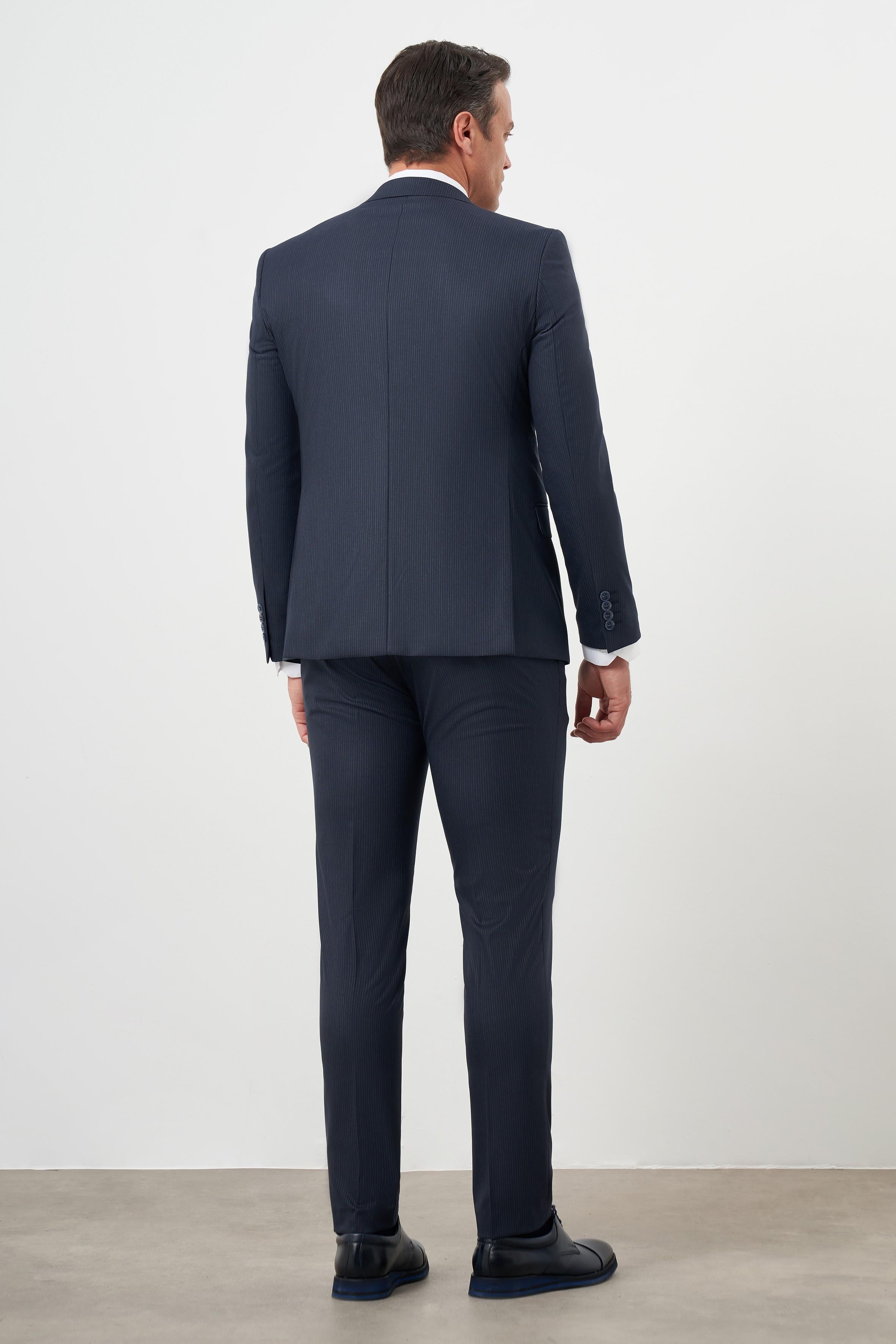 Morven Erkek Lacivert Poliviskon Trend Yelekli Çizgili Desen Slim Fit  Sivri Yaka Takım Elbise
