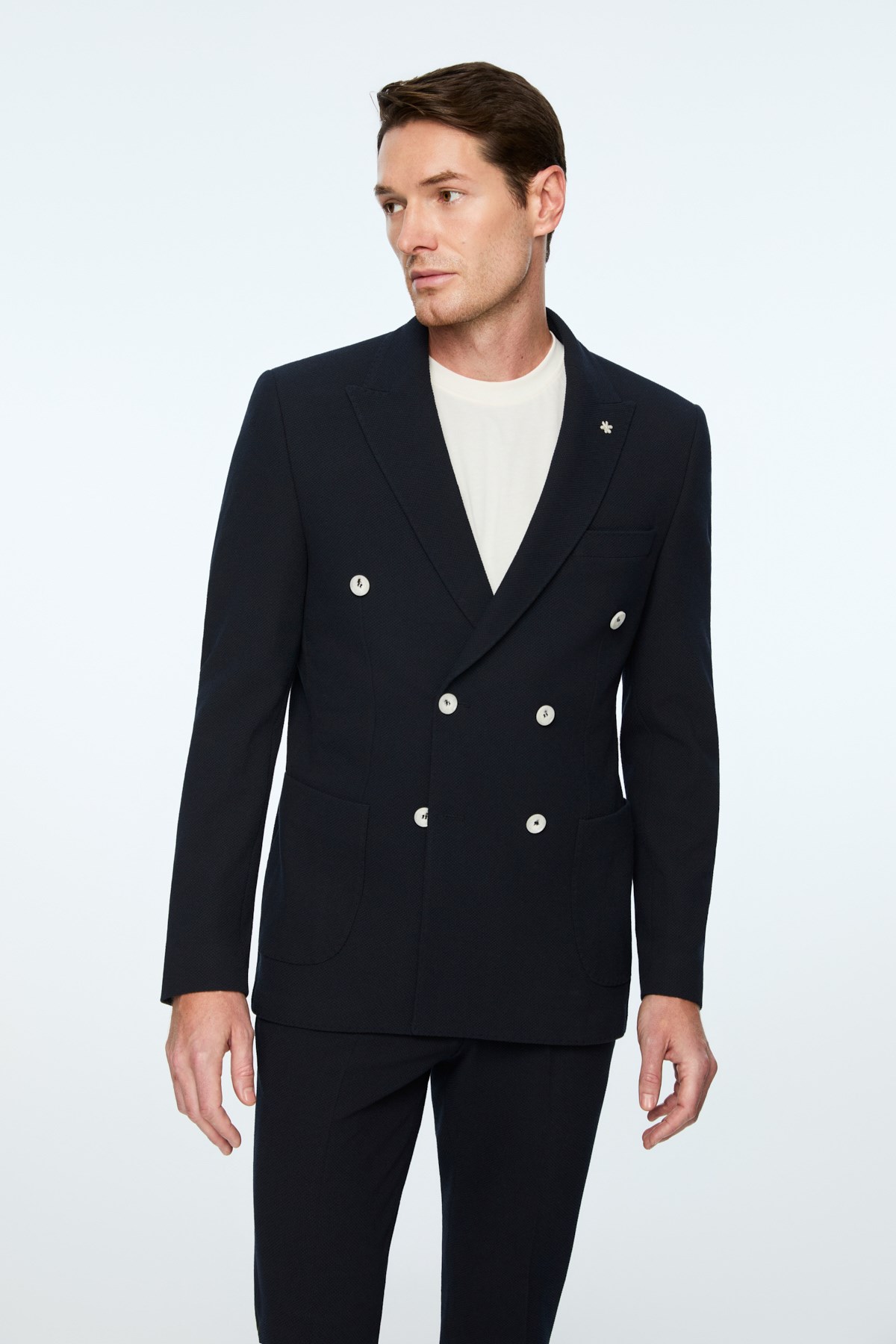 Morven Erkek Lacivert Poliviskon Trend Desenli Slim Fit Sivri Yaka Kruvaze Takım Elbise