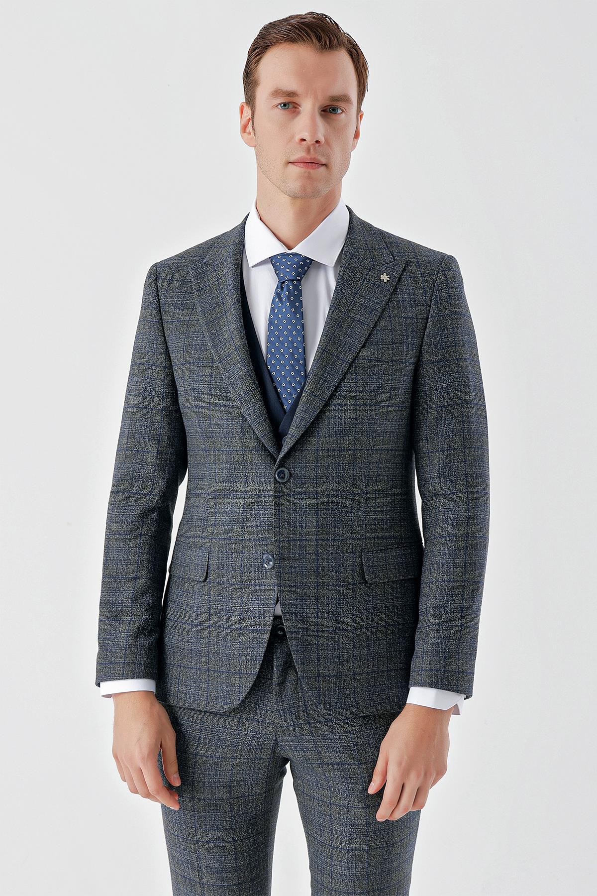 Morven Erkek Lacivert Poliviskon Trend Yelekli Kombinli Sivri Yaka Takım Elbise