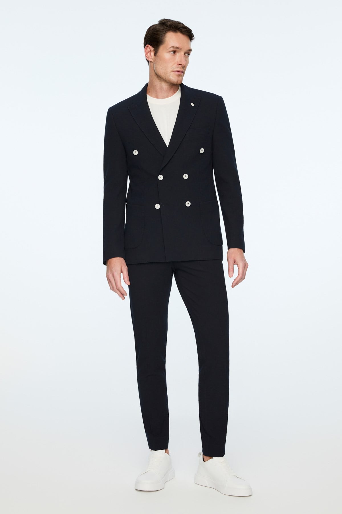 Morven Erkek Lacivert Poliviskon Trend Desenli Slim Fit Sivri Yaka Kruvaze Takım Elbise