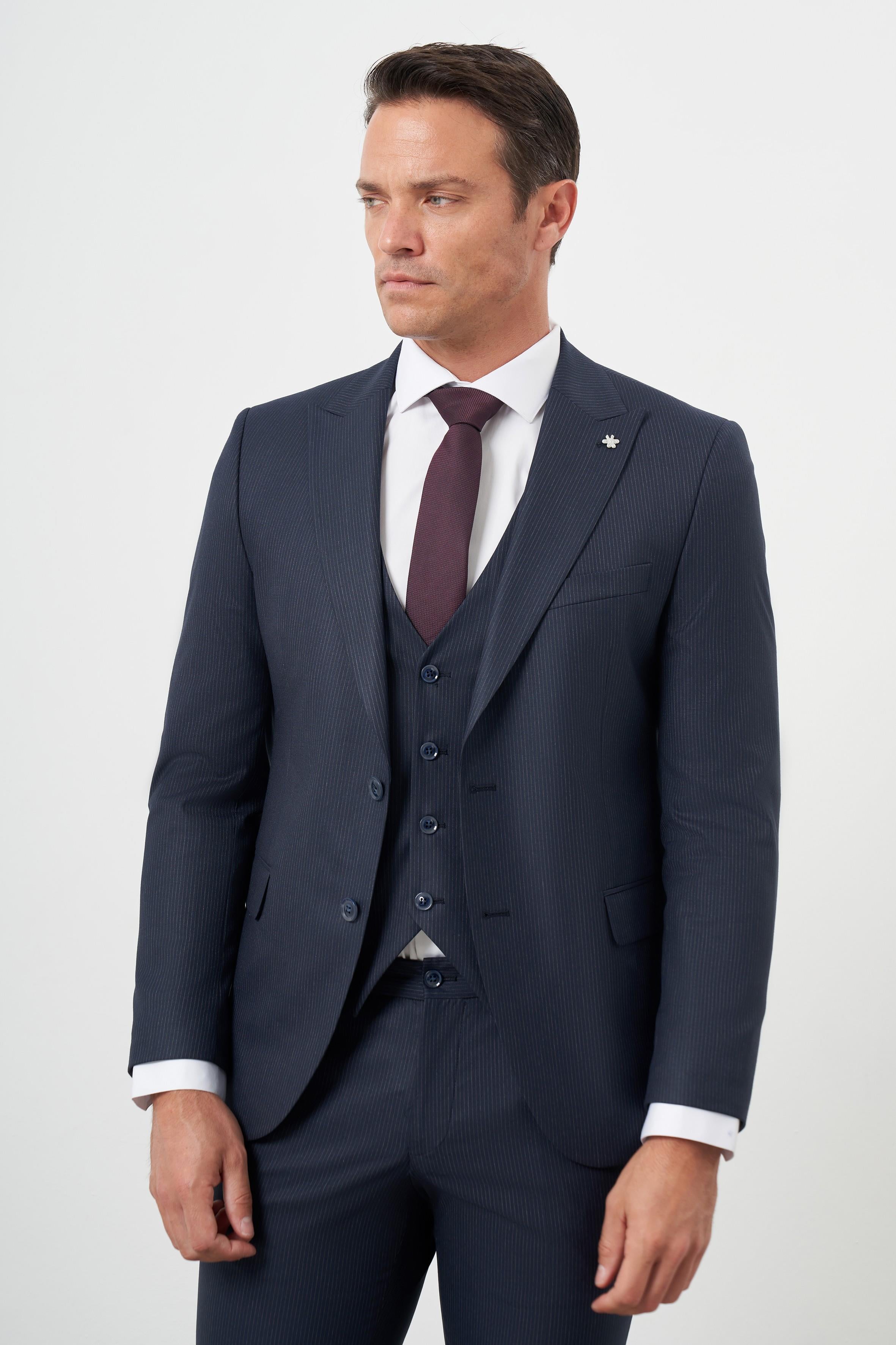 Morven Erkek Lacivert Poliviskon Trend Yelekli Çizgili Desen Slim Fit  Sivri Yaka Takım Elbise