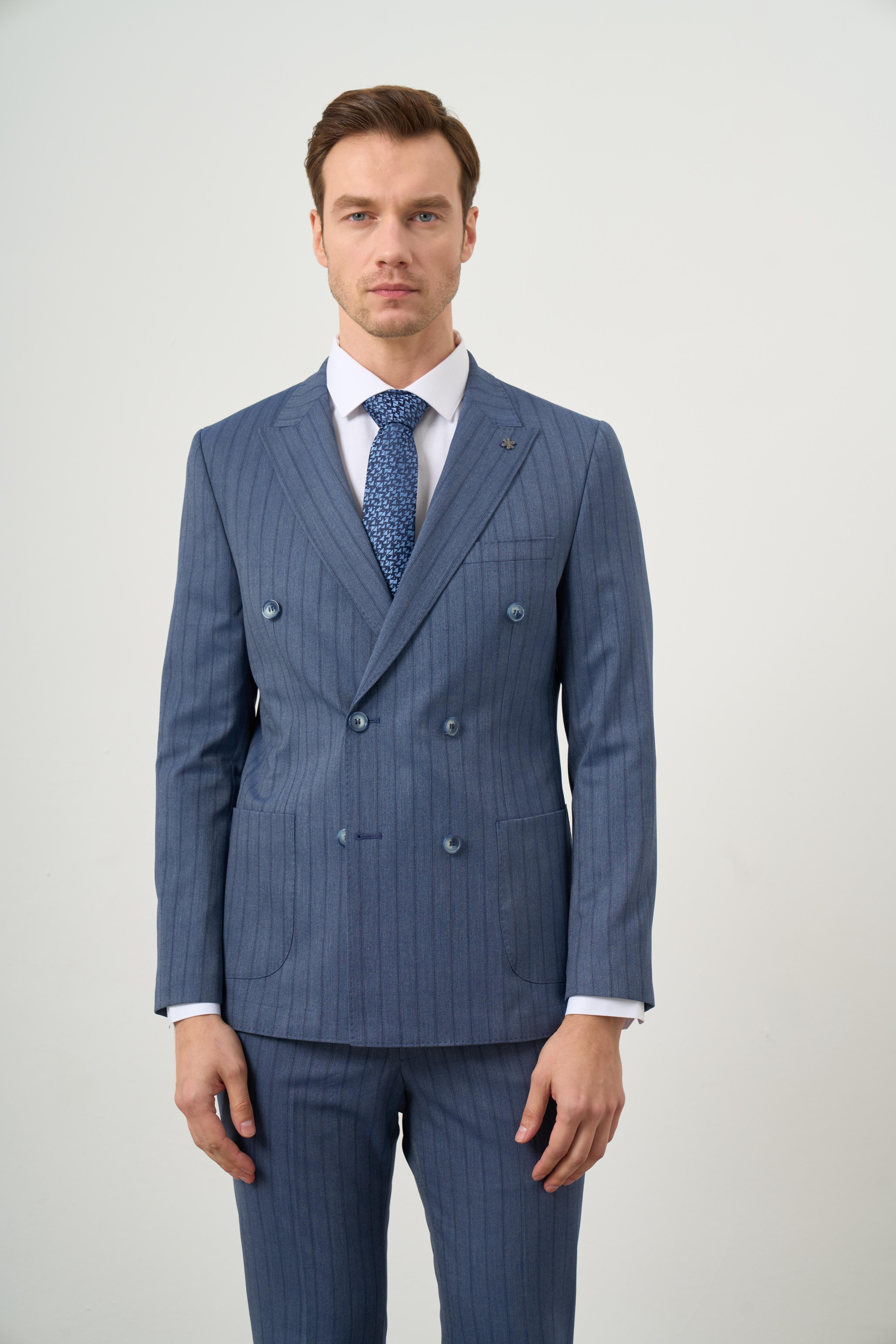 Morven Erkek Lacivert Poliviskon Trend Kruvaze Slim Fit Sivri Yaka Takım Elbise