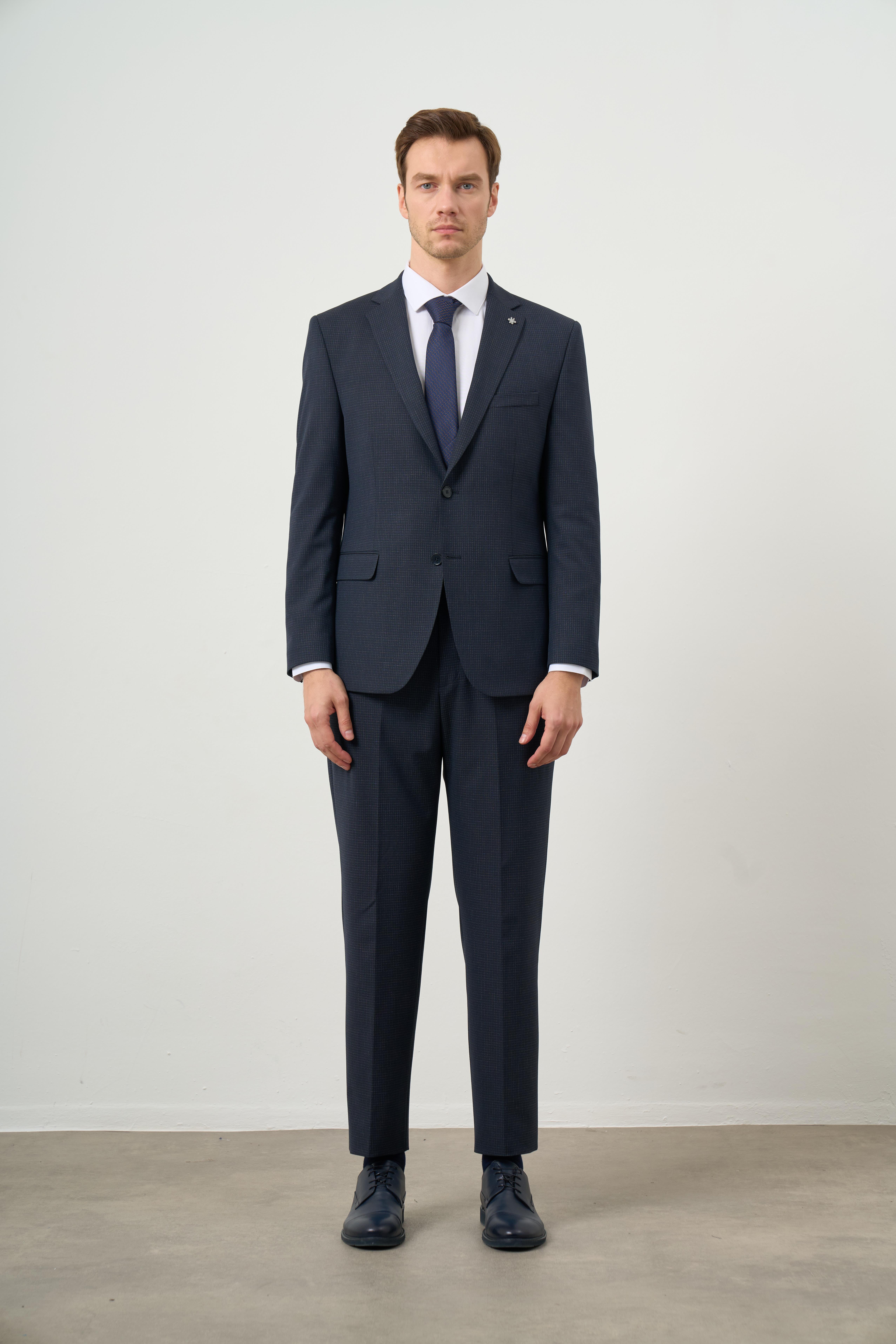Morven Erkek Lacivert Poliviskon Trend Ekoseli Dynamic Fit Mono Yaka Takım Elbise