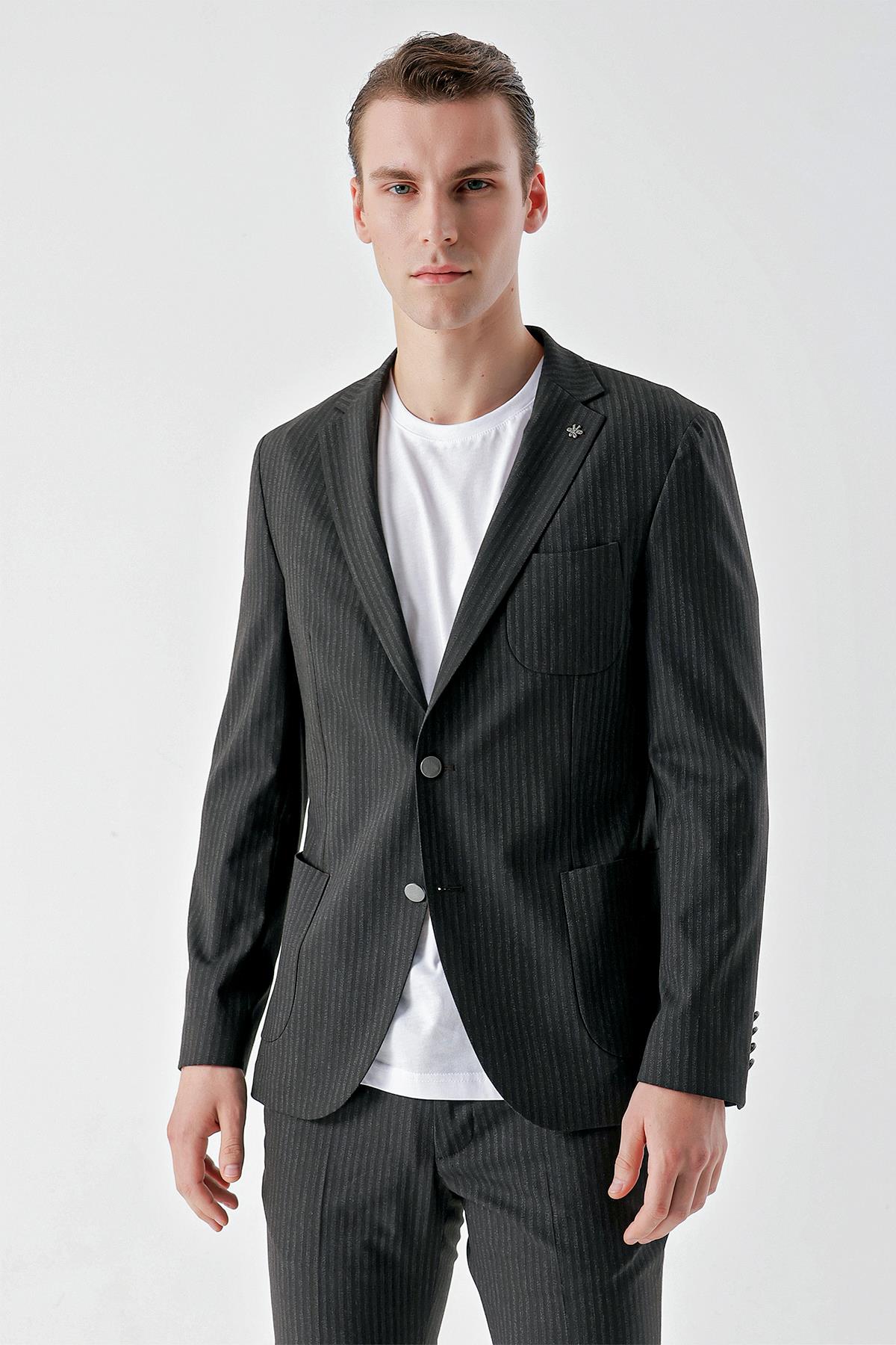 Morven Erkek Lacivert Poliviskon Trend Çizgili Desen Slim Fit Mono Yaka Takım Elbise