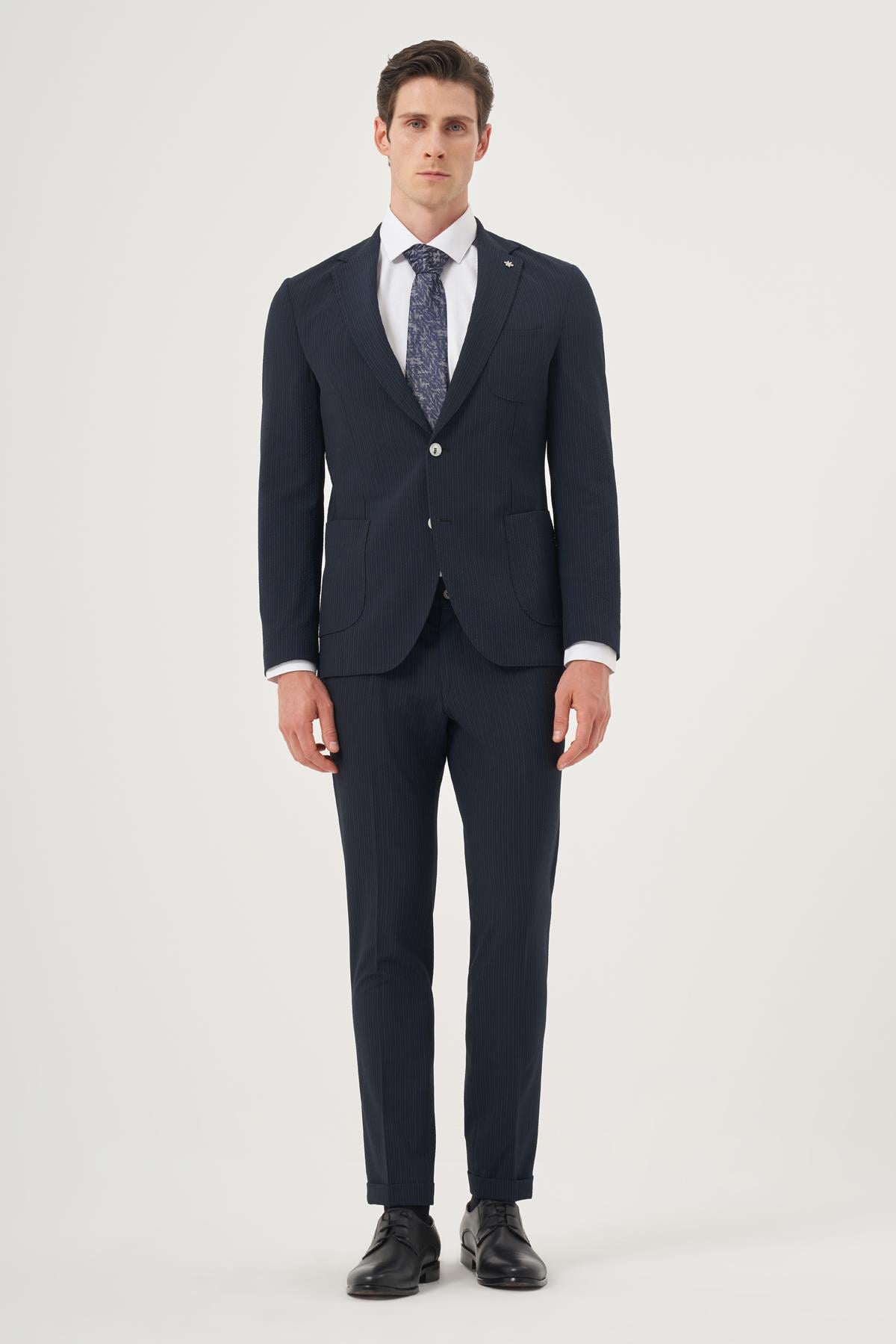 Morven Erkek Lacivert Poliviskon Trend Çizgili Slim Fit Mono Yaka Takım Elbise