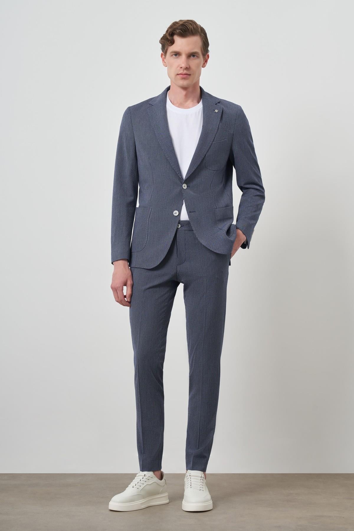 Morven Erkek Lacivert Poliviskon Trend Çizgili Slim Fit Mono Yaka Takım Elbise