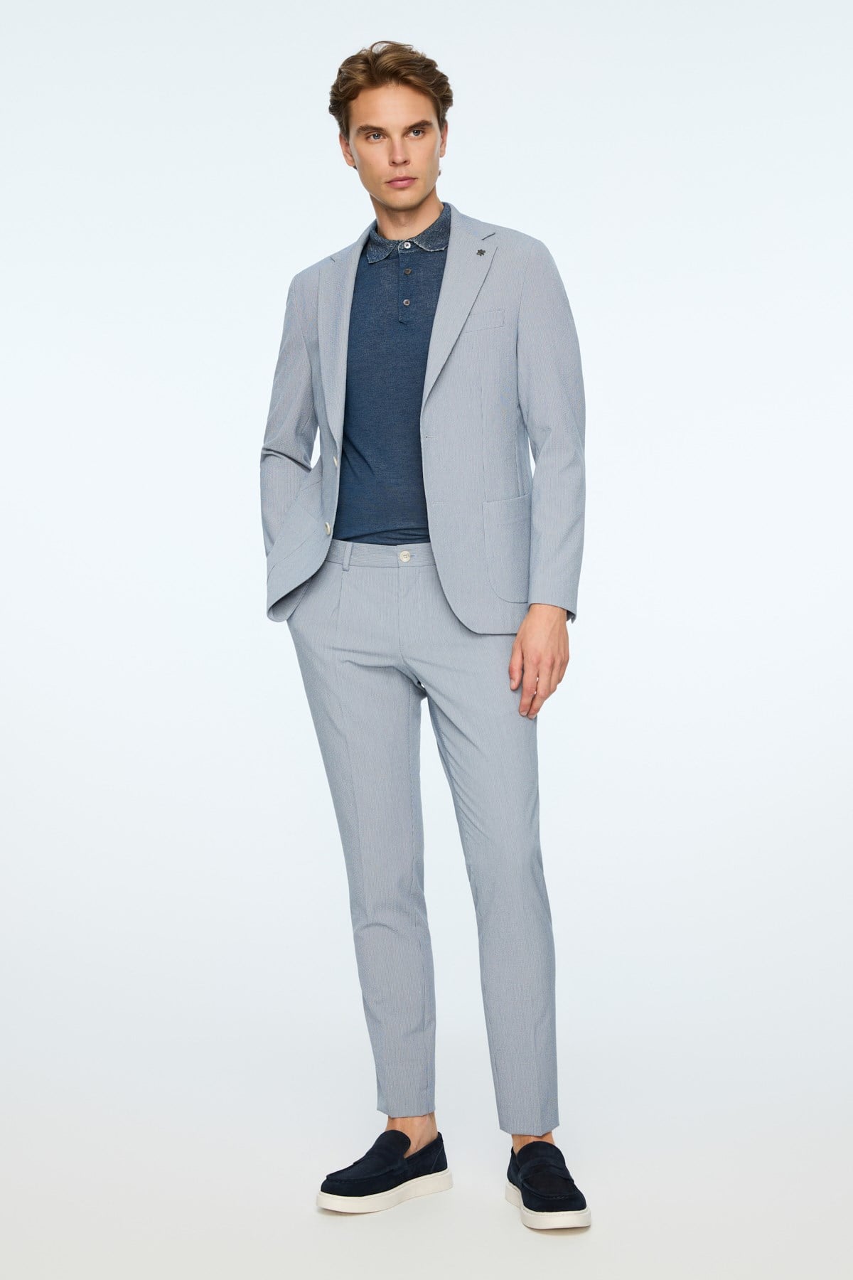 Morven Erkek Lacivert Poliviskon Trend Desenli Slim Fit Mono Yaka Ceket