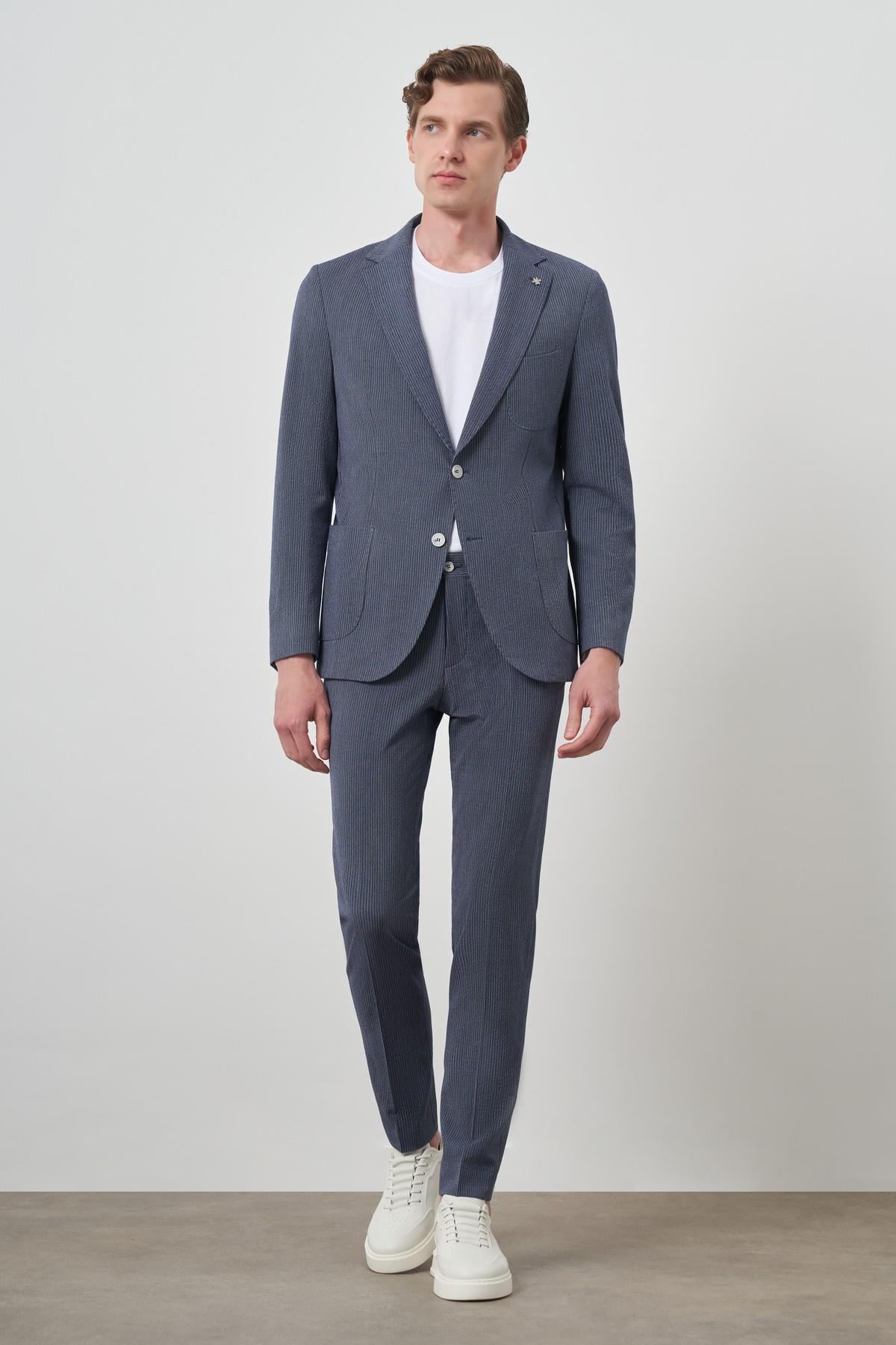 Morven Erkek Lacivert Poliviskon Trend Çizgili Slim Fit Mono Yaka Takım Elbise