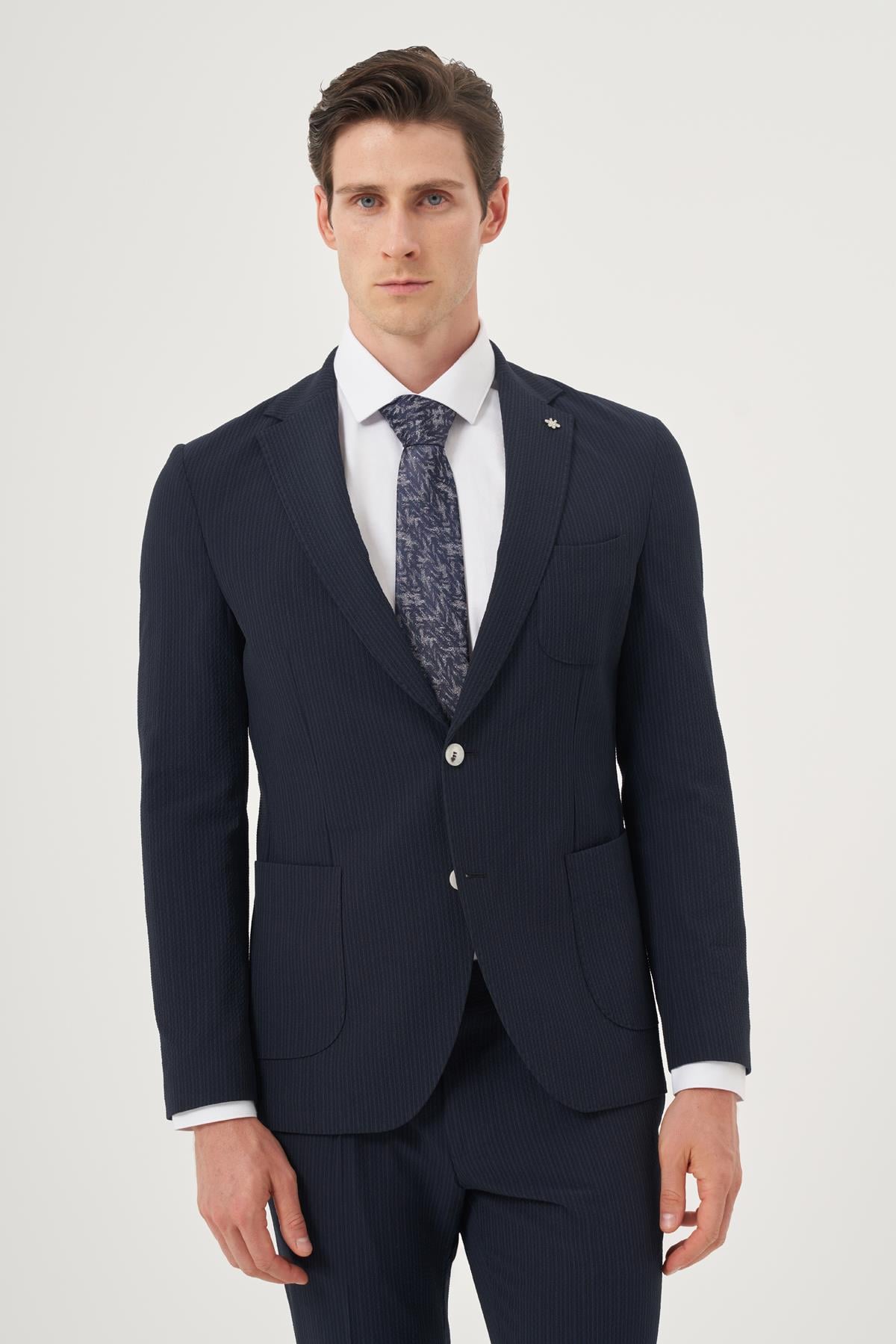 Morven Erkek Lacivert Poliviskon Trend Çizgili Slim Fit Mono Yaka Takım Elbise