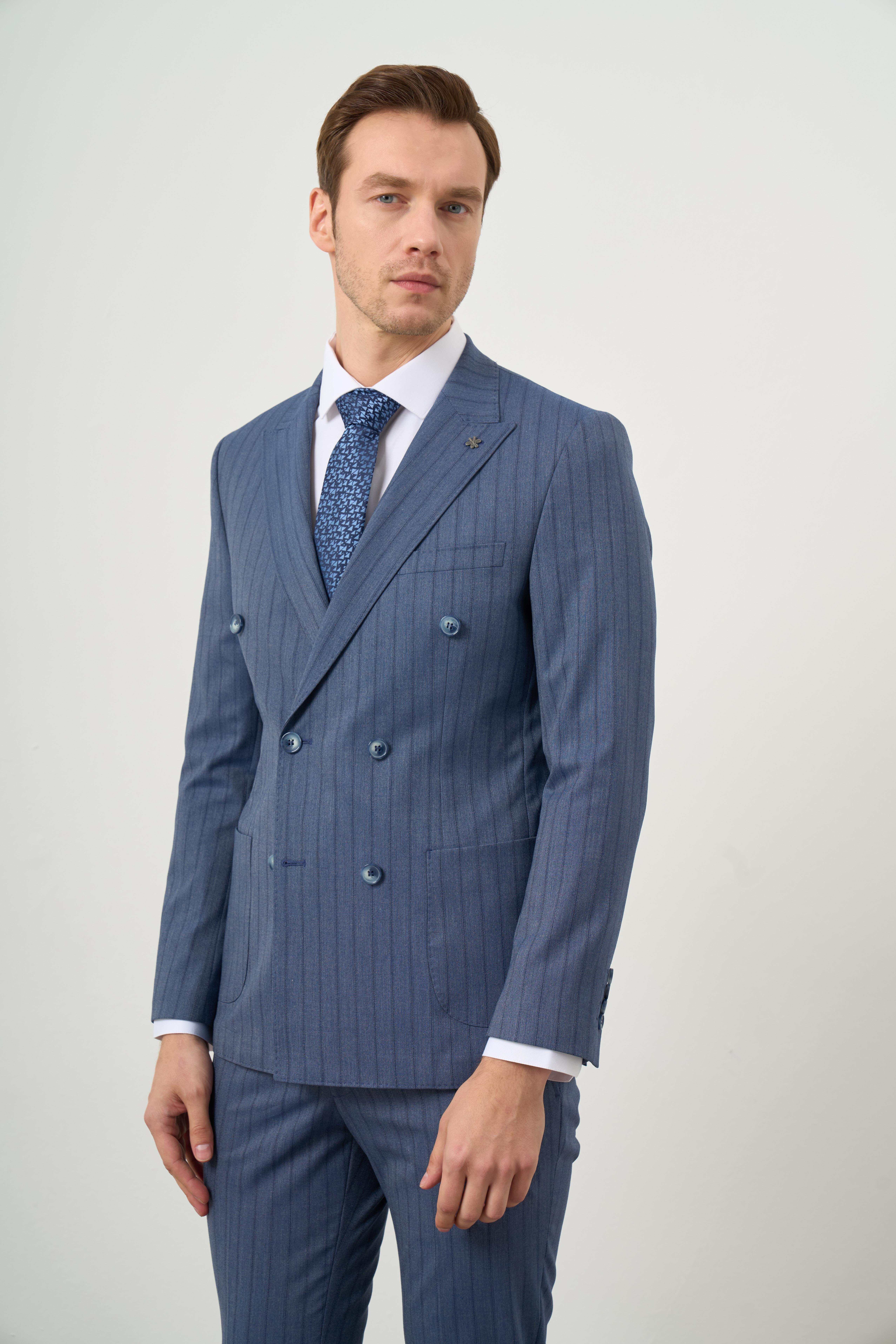 Morven Erkek Lacivert Poliviskon Trend Kruvaze Slim Fit Sivri Yaka Takım Elbise