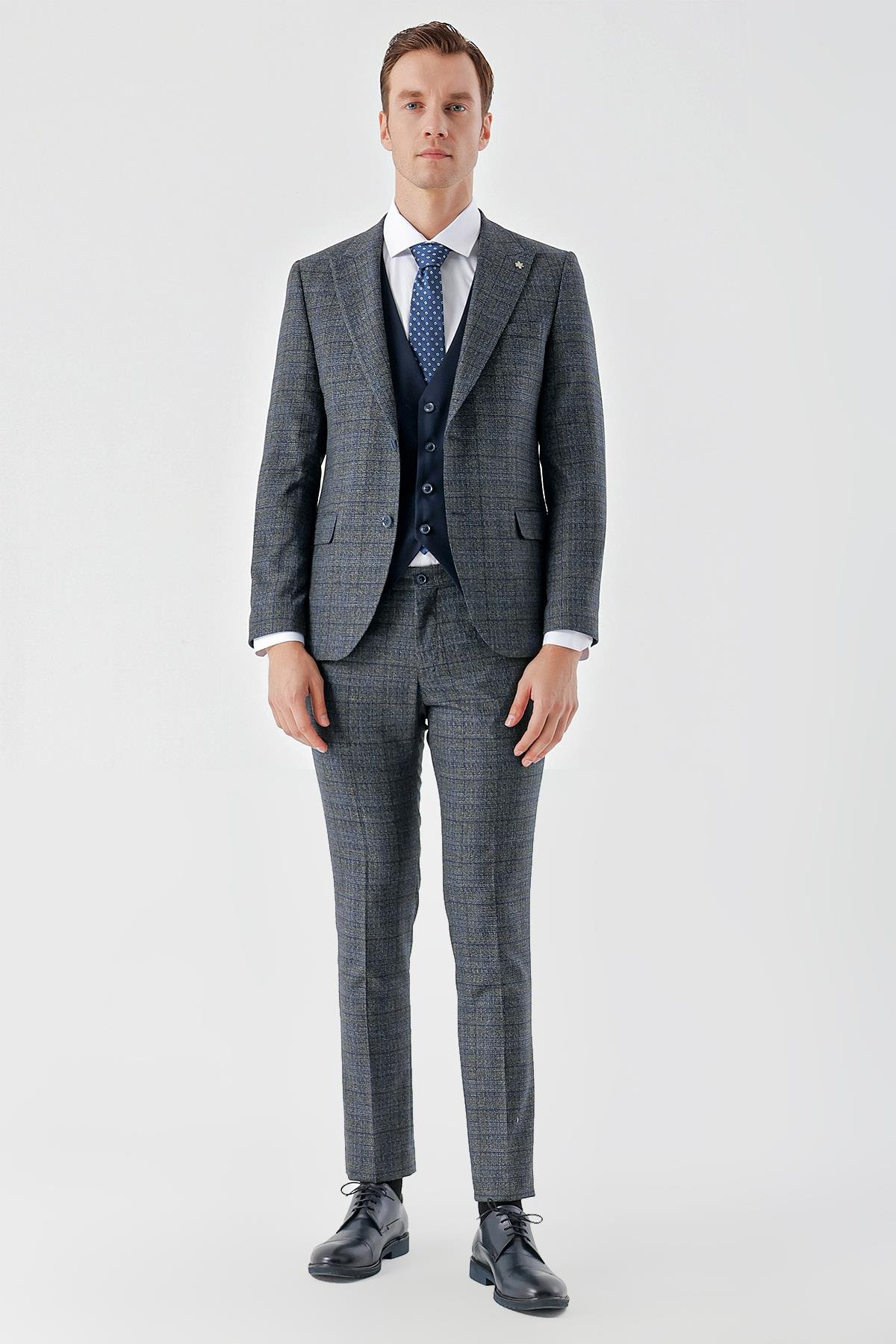 Morven Erkek Lacivert Poliviskon Trend Yelekli Kombinli Sivri Yaka Takım Elbise