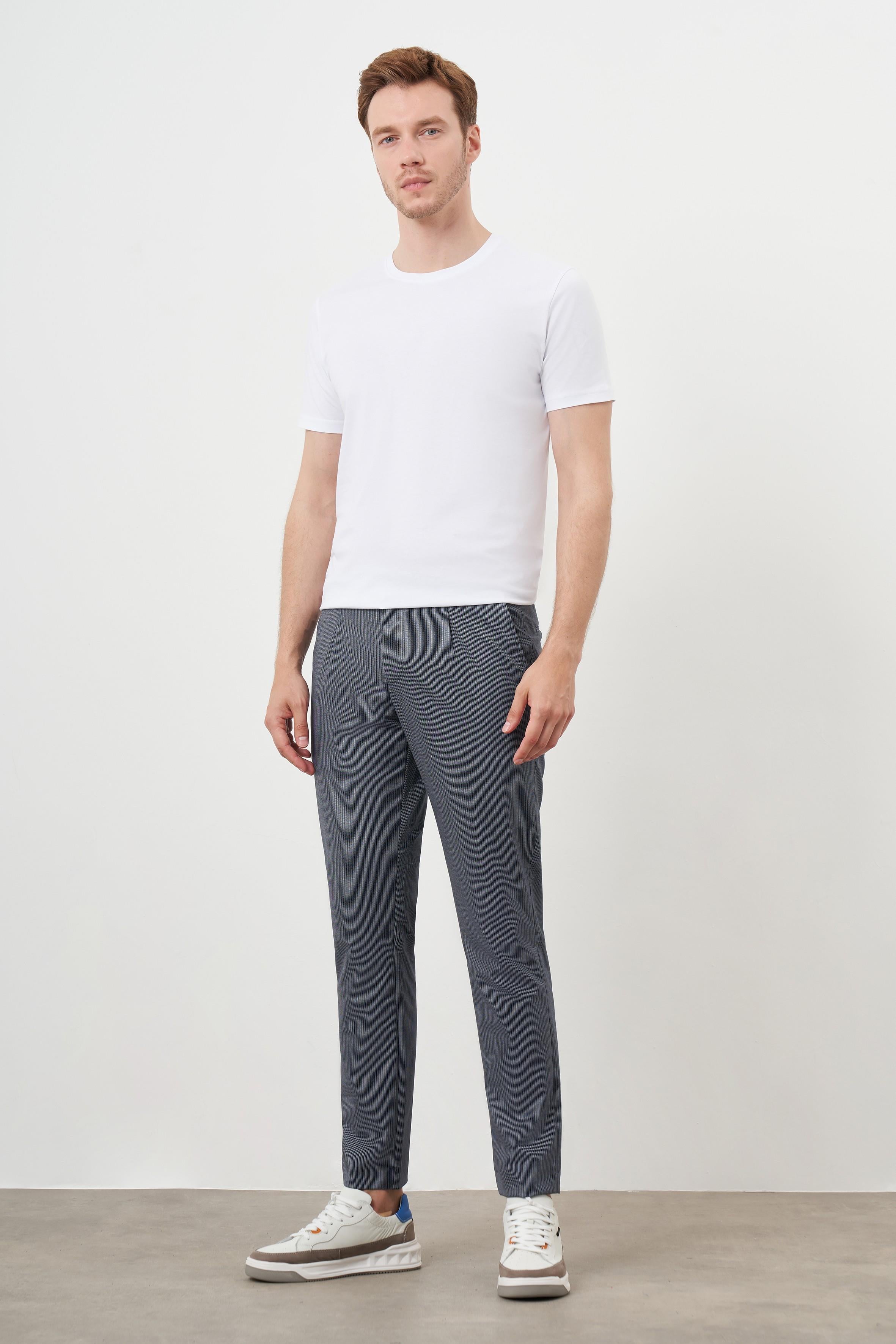 Morven Erkek Lacivert Poliviskon Trend Pileli Slim Fit Spor Pantolon