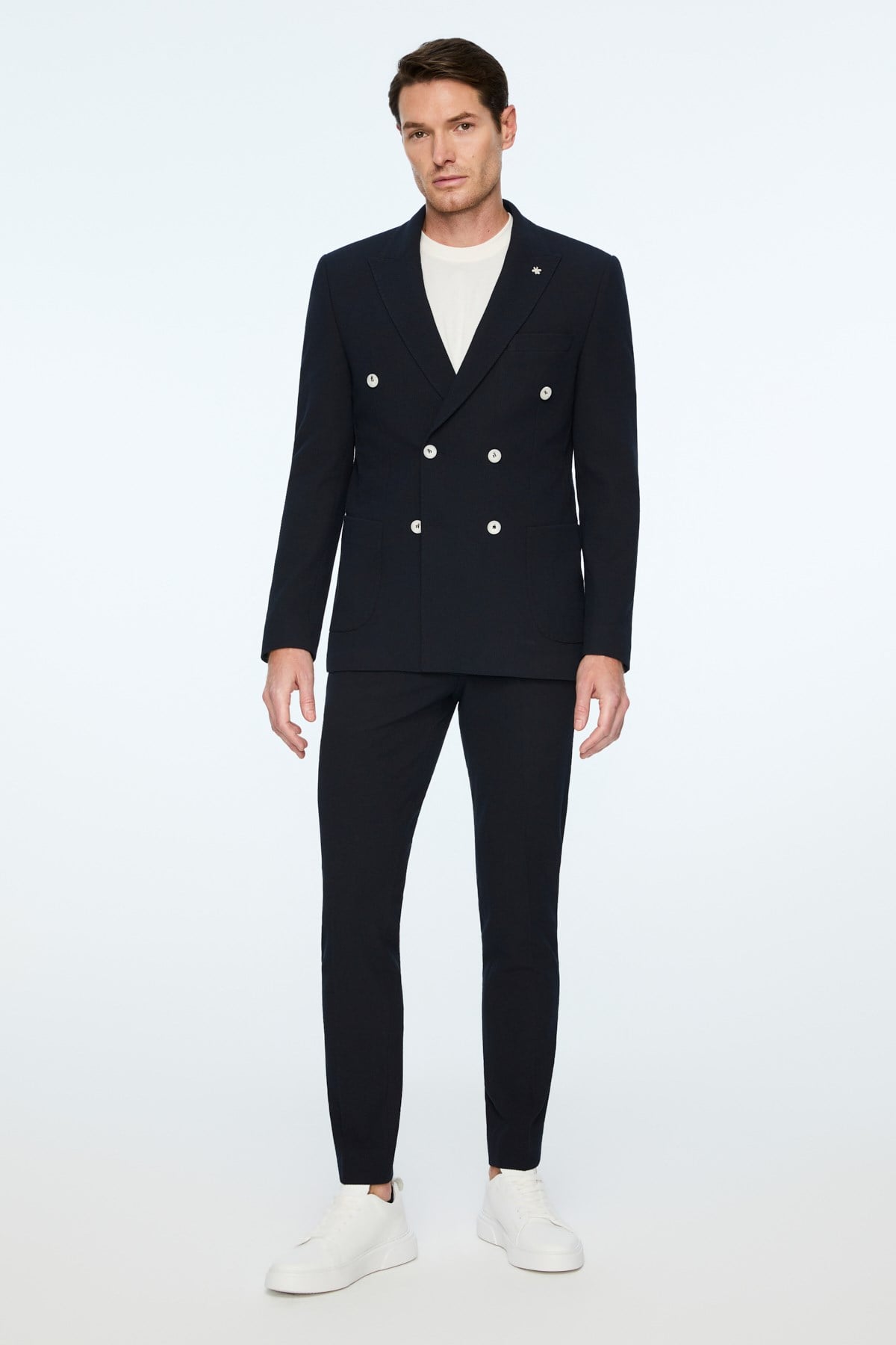 Morven Erkek Lacivert Poliviskon Trend Desenli Slim Fit Sivri Yaka Kruvaze Takım Elbise