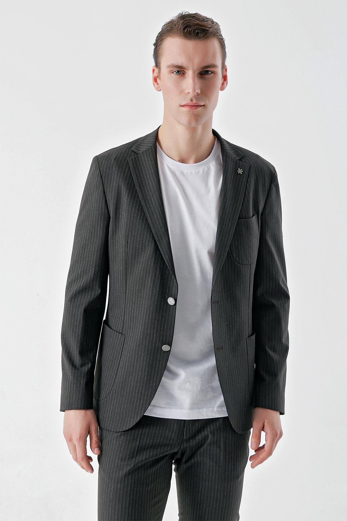 Morven Erkek Lacivert Poliviskon Trend Çizgili Desen Slim Fit Mono Yaka Takım Elbise