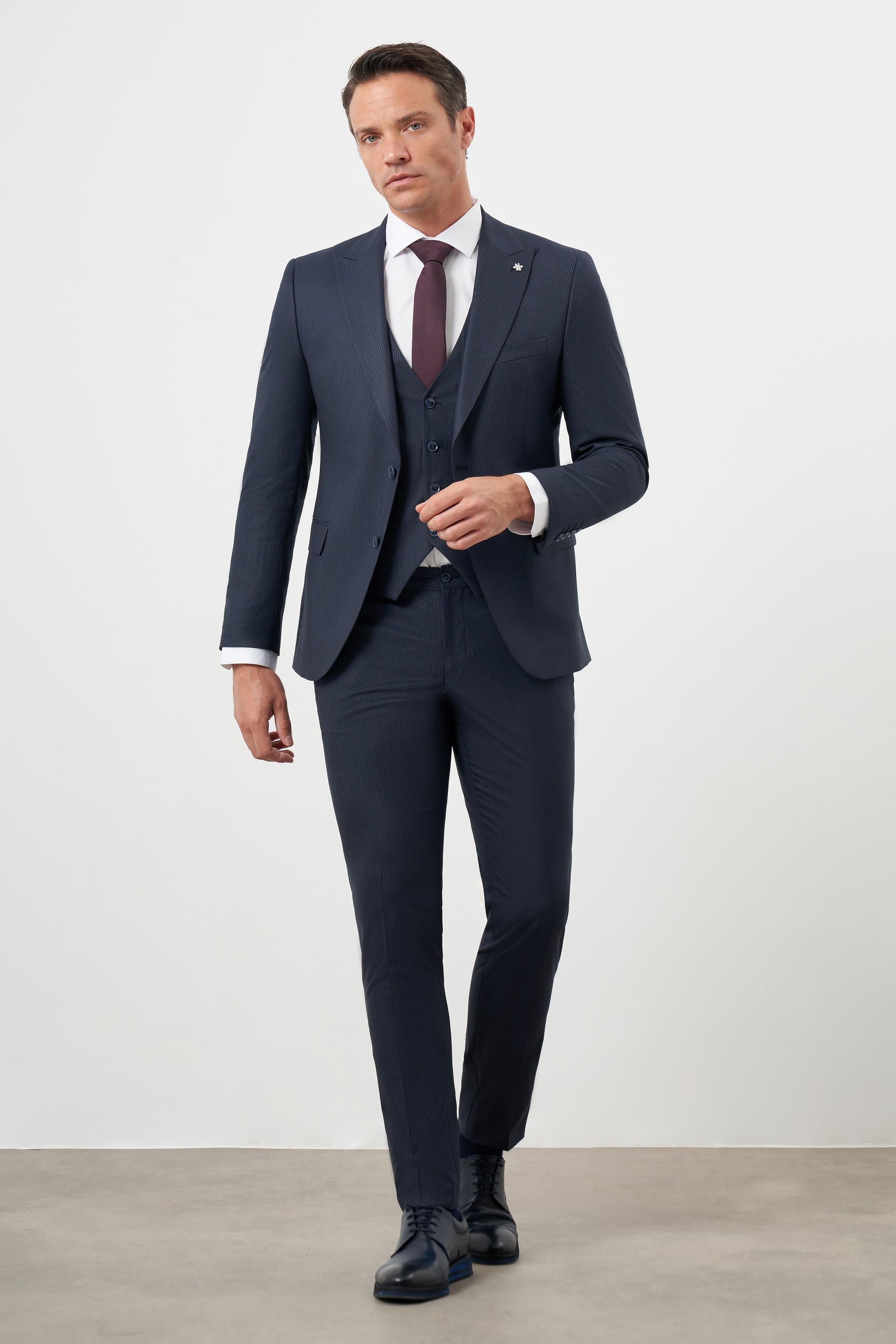 Morven Erkek Lacivert Poliviskon Trend Yelekli Çizgili Desen Slim Fit  Sivri Yaka Takım Elbise