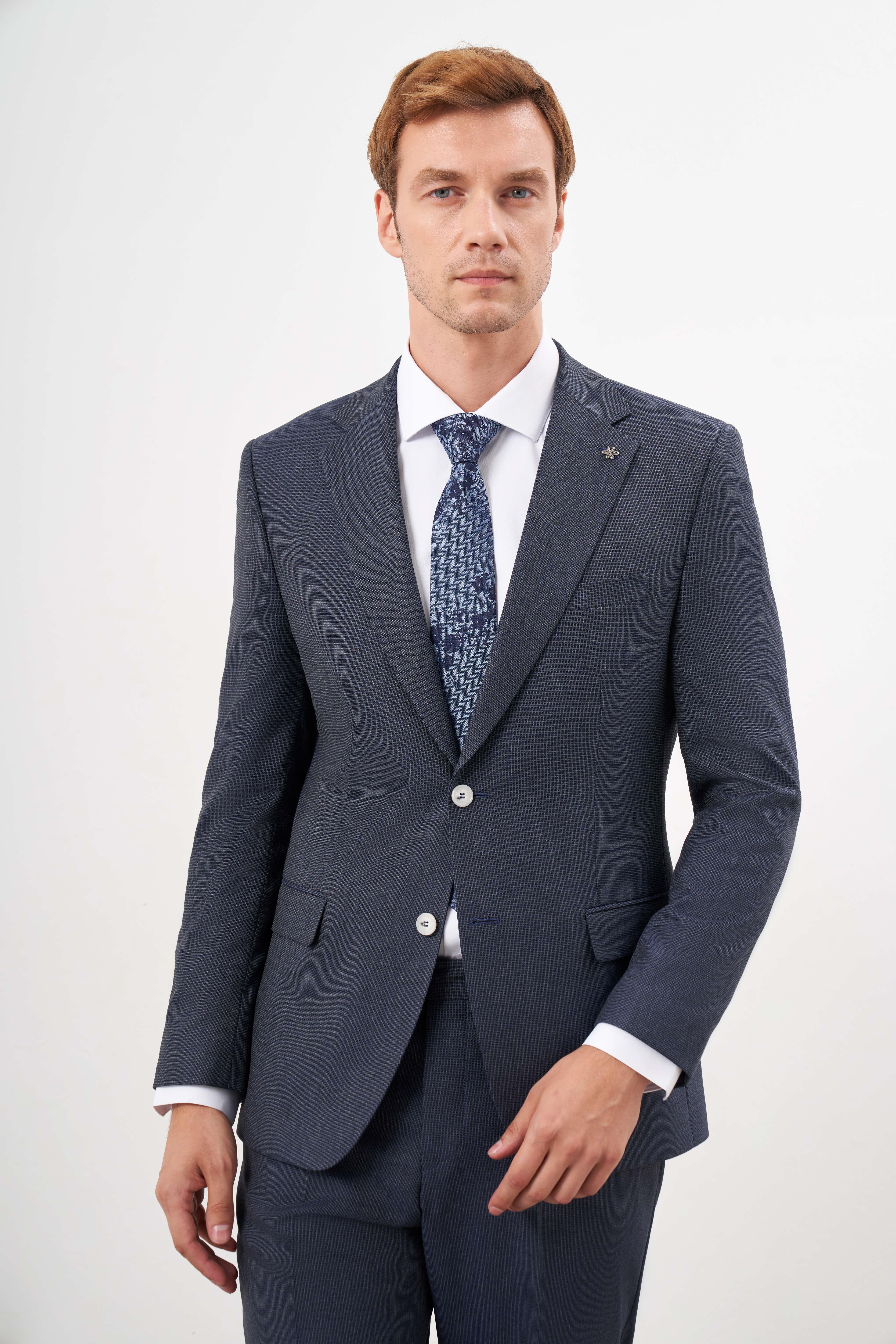 Morven Erkek Lacivert Poliviskon Trend Ekoseli Dynamic Fit Mono Yaka Takım Elbise