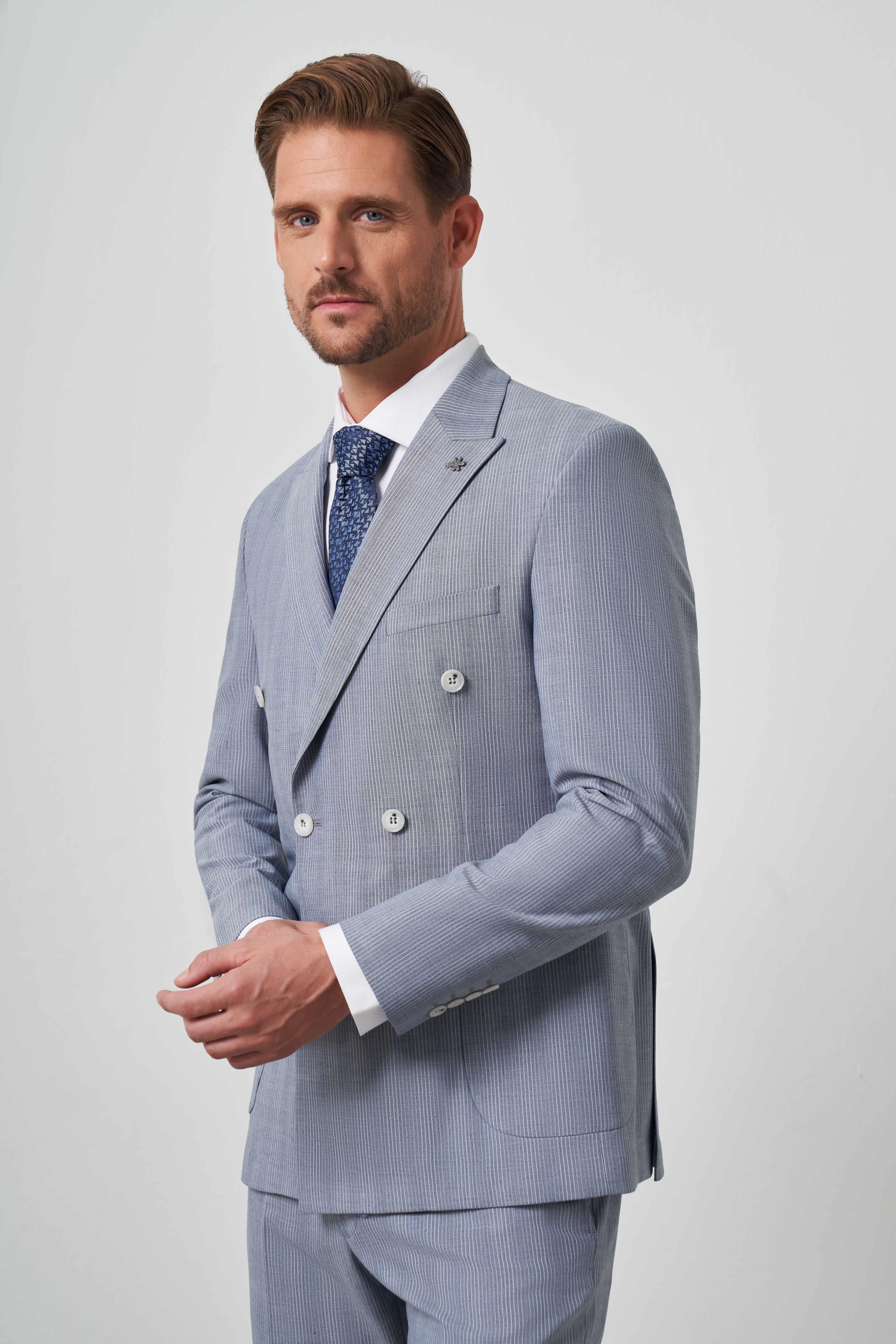 Morven Erkek Lacivert Poliviskon Trend Kruvaze Slim Fit Sivri Yaka Takım Elbise