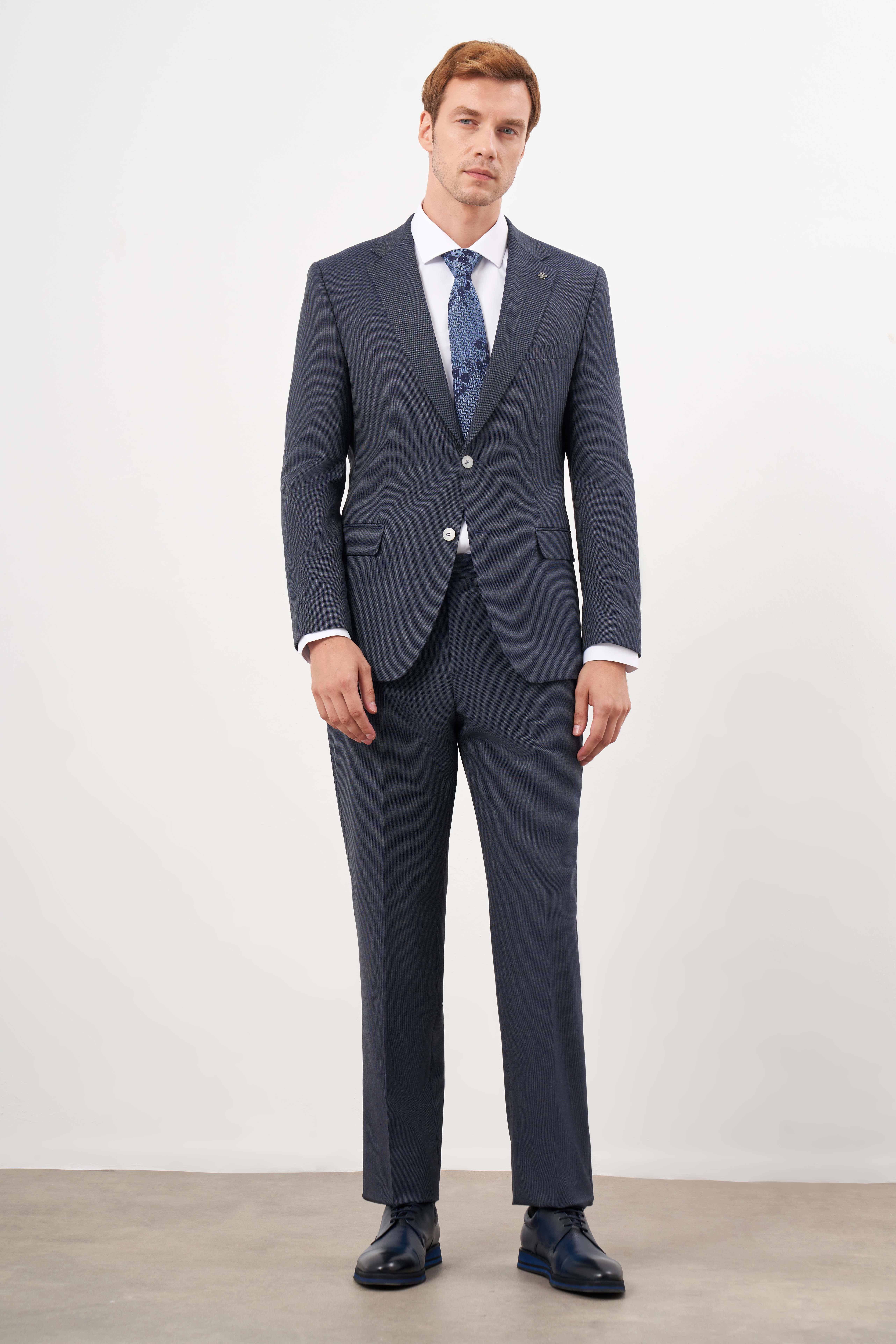 Morven Erkek Lacivert Poliviskon Trend Ekoseli Dynamic Fit Mono Yaka Takım Elbise