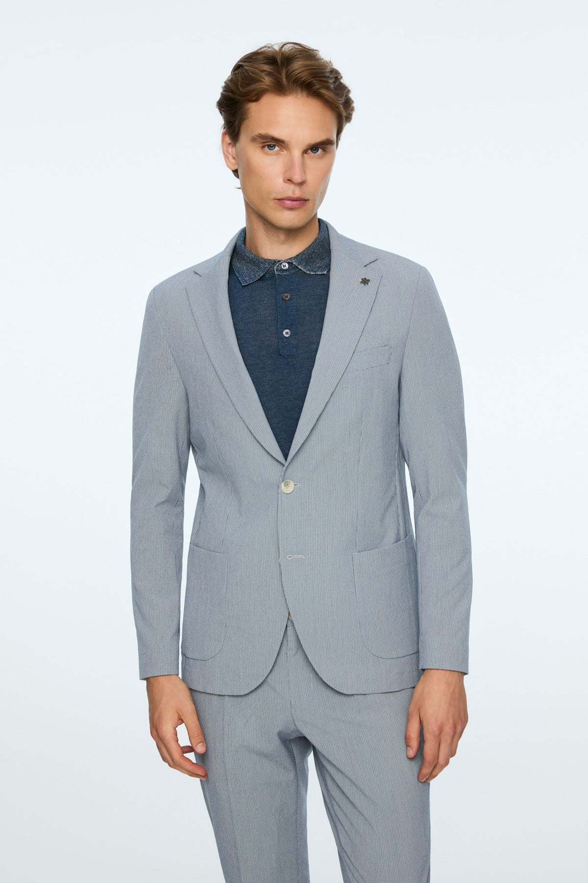 Morven Erkek Lacivert Poliviskon Trend Desenli Slim Fit Mono Yaka Ceket