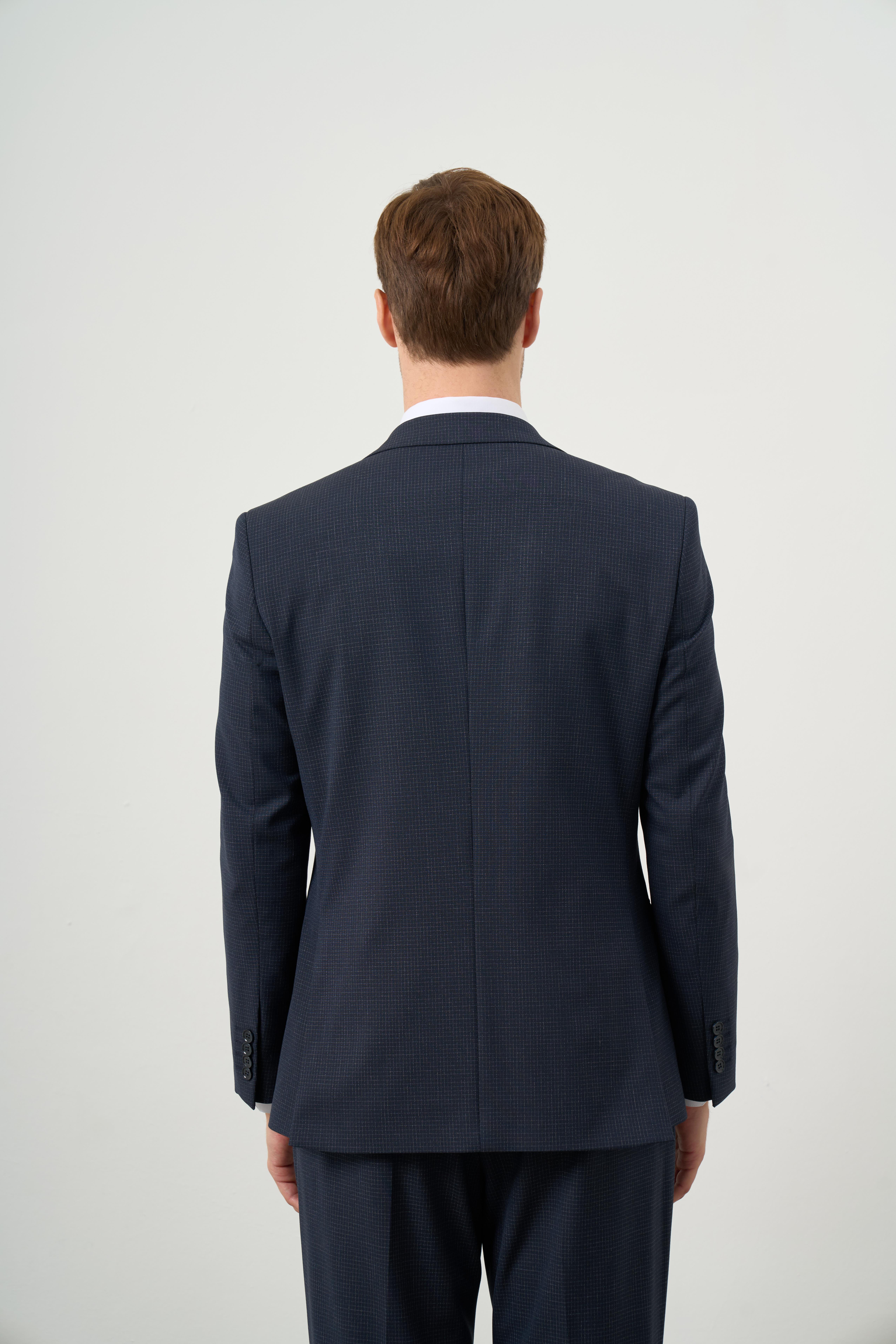 Morven Erkek Lacivert Poliviskon Trend Ekoseli Dynamic Fit Mono Yaka Takım Elbise