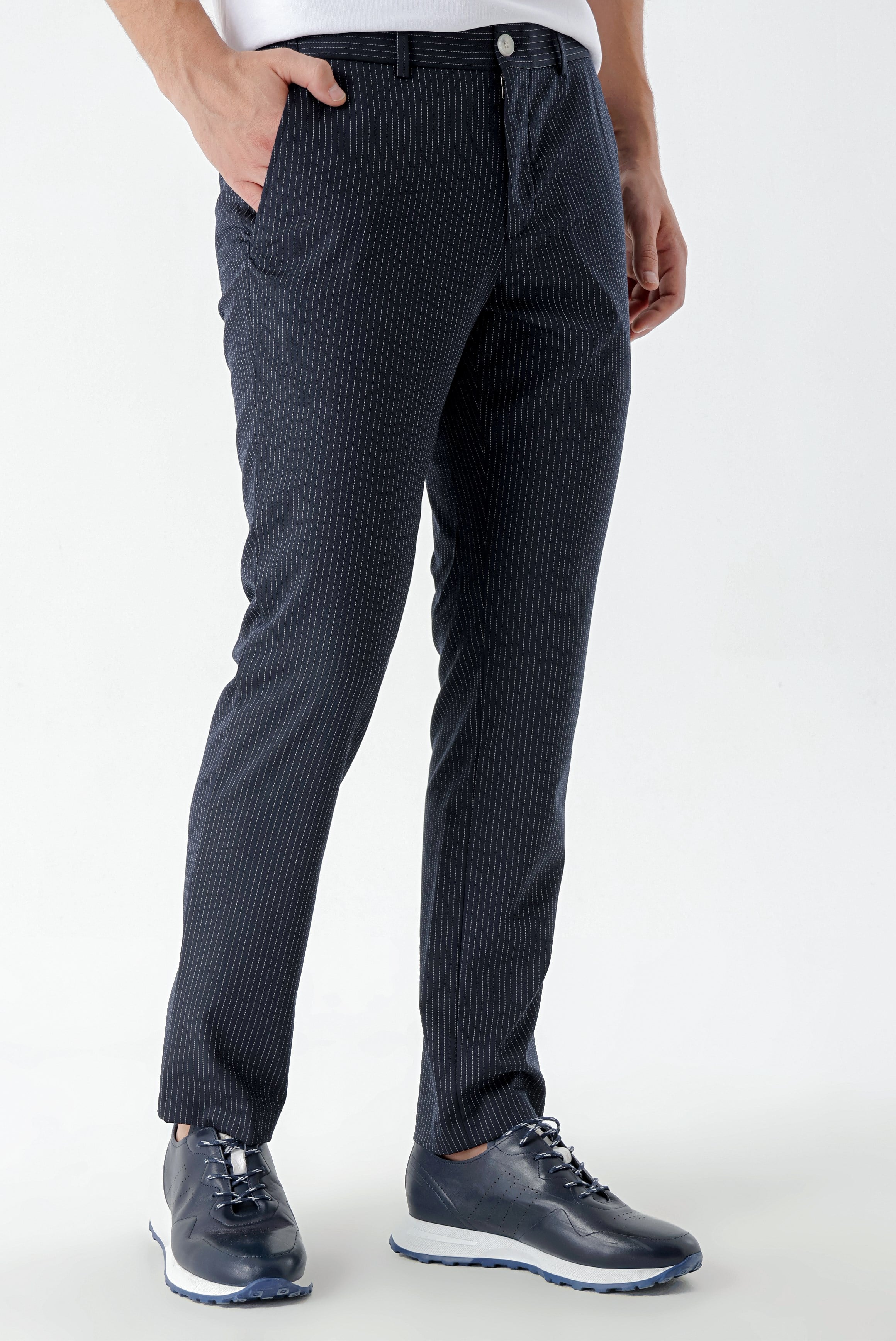 Morven Erkek Lacivert Poliviskon Trend Çizgili Slim Fit Classic Pantolon