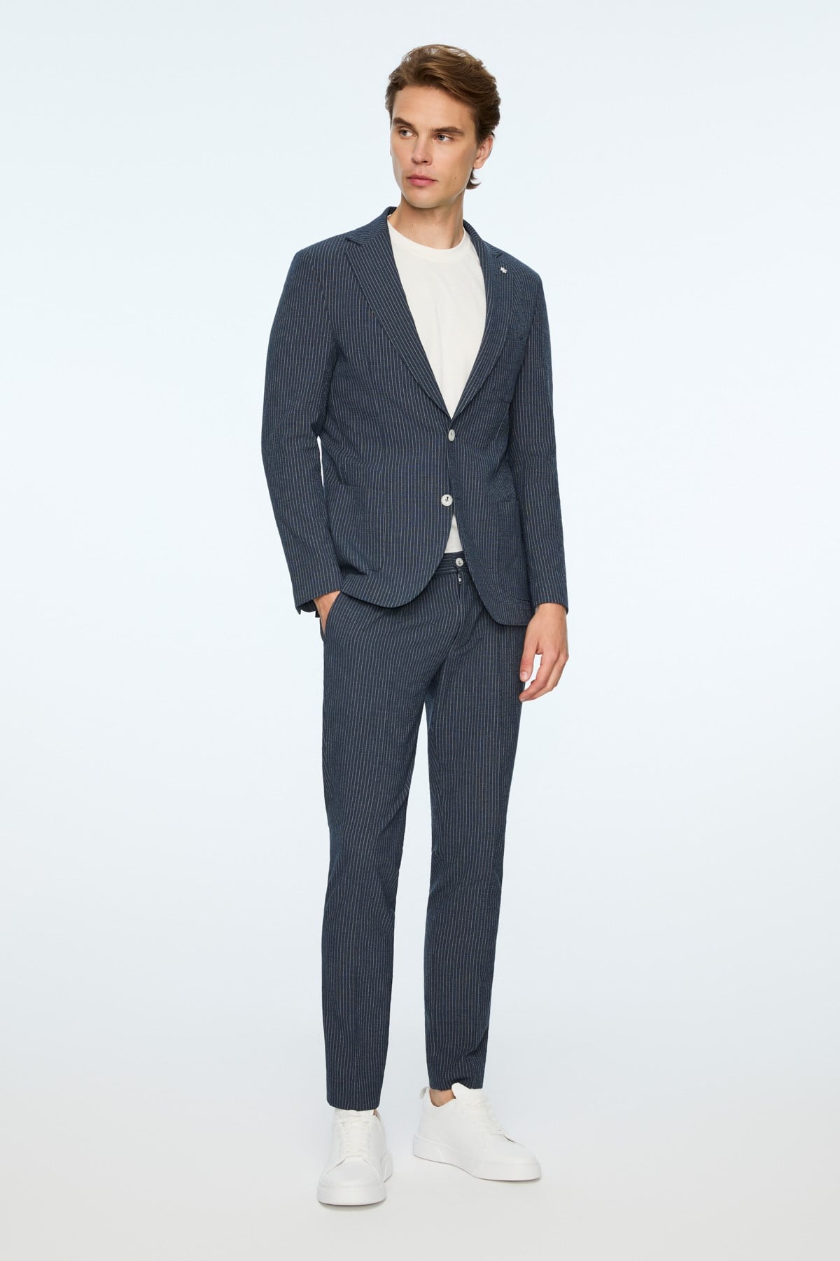 Morven Erkek Lacivert Poliviskon Trend Çizgili Slim Fit Mono Yaka Takım Elbise