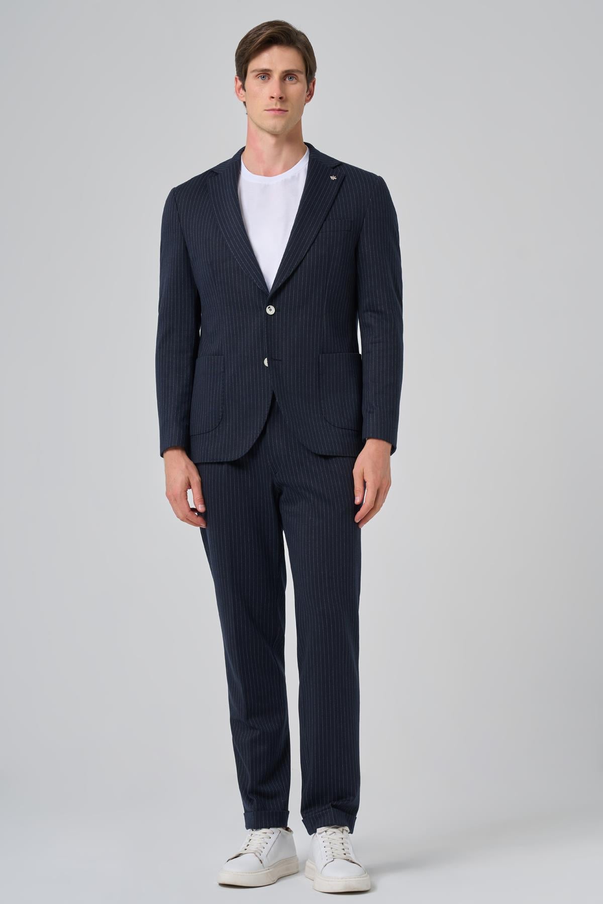 Morven Erkek Lacivert Poliviskon Trend Çizgili Slim Fit Mono Yaka Takım Elbise