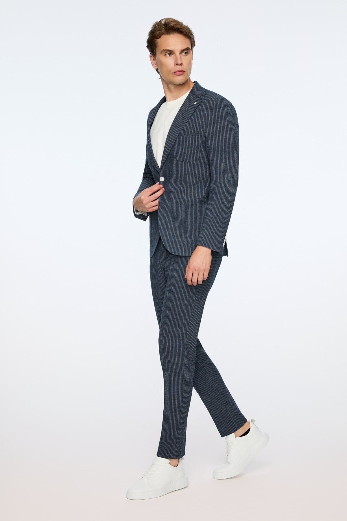 Morven Erkek Lacivert Poliviskon Trend Çizgili Slim Fit Mono Yaka Takım Elbise