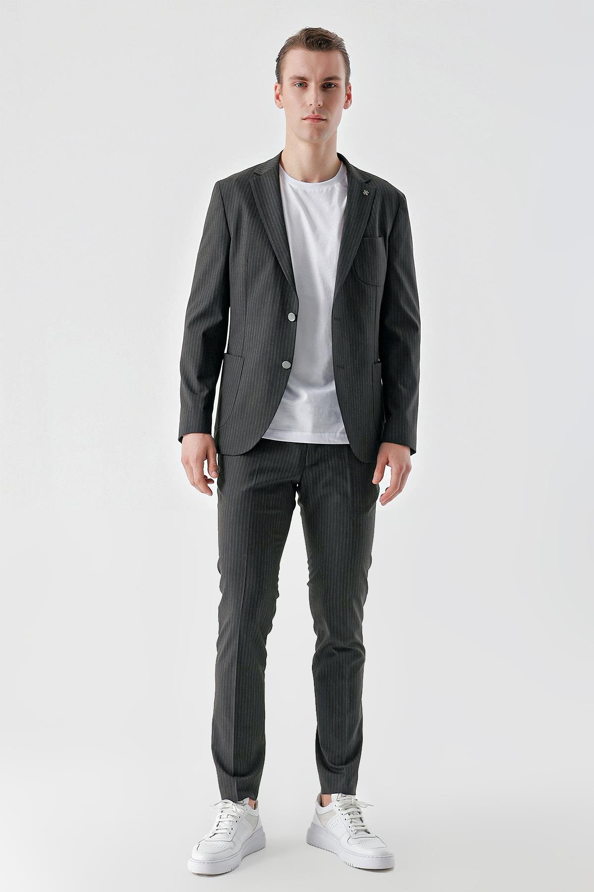 Morven Erkek Lacivert Poliviskon Trend Çizgili Desen Slim Fit Mono Yaka Takım Elbise