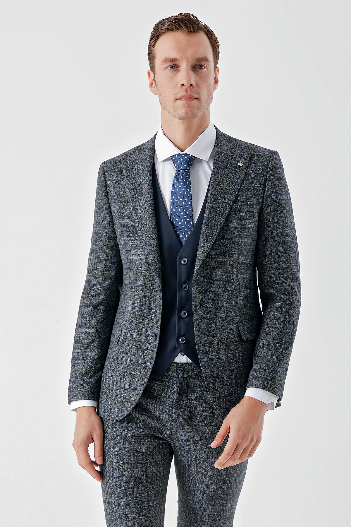 Morven Erkek Lacivert Poliviskon Trend Yelekli Kombinli Sivri Yaka Takım Elbise