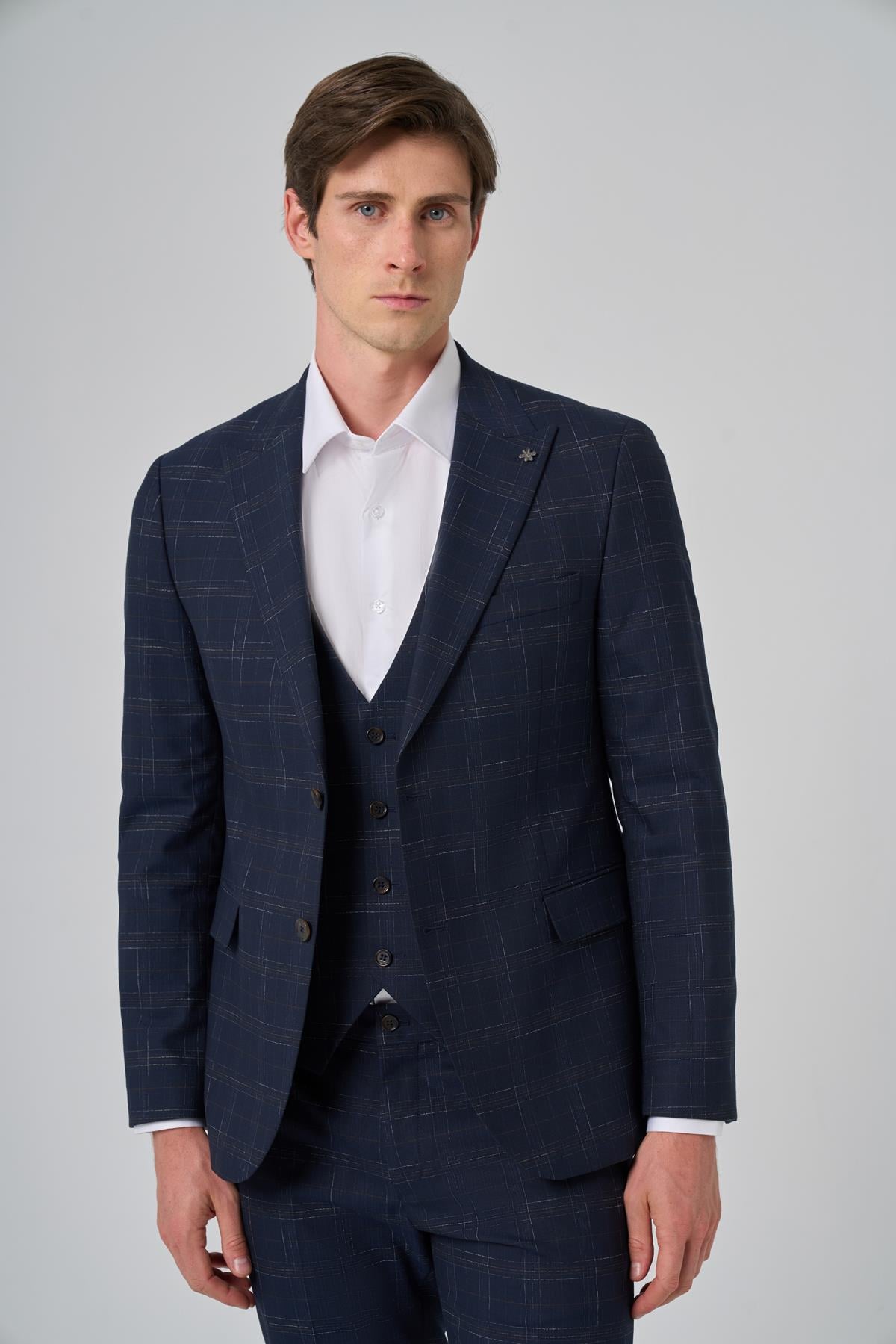 Morven Erkek Lacivert Poliviskon Trend Yelekli Ekoseli Slim Fit Sivri Yaka Takım Elbise