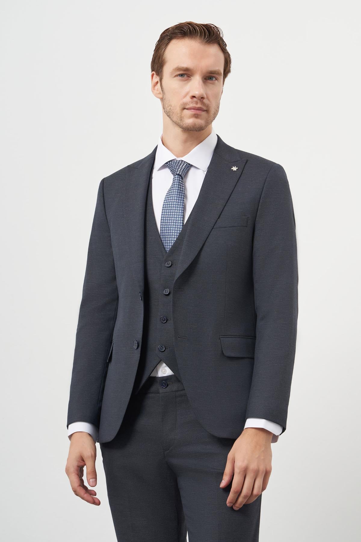 Morven Erkek Lacivert Poliviskon Trend Yelekli Desenli Slim Fit Sivri Yaka Takım Elbise