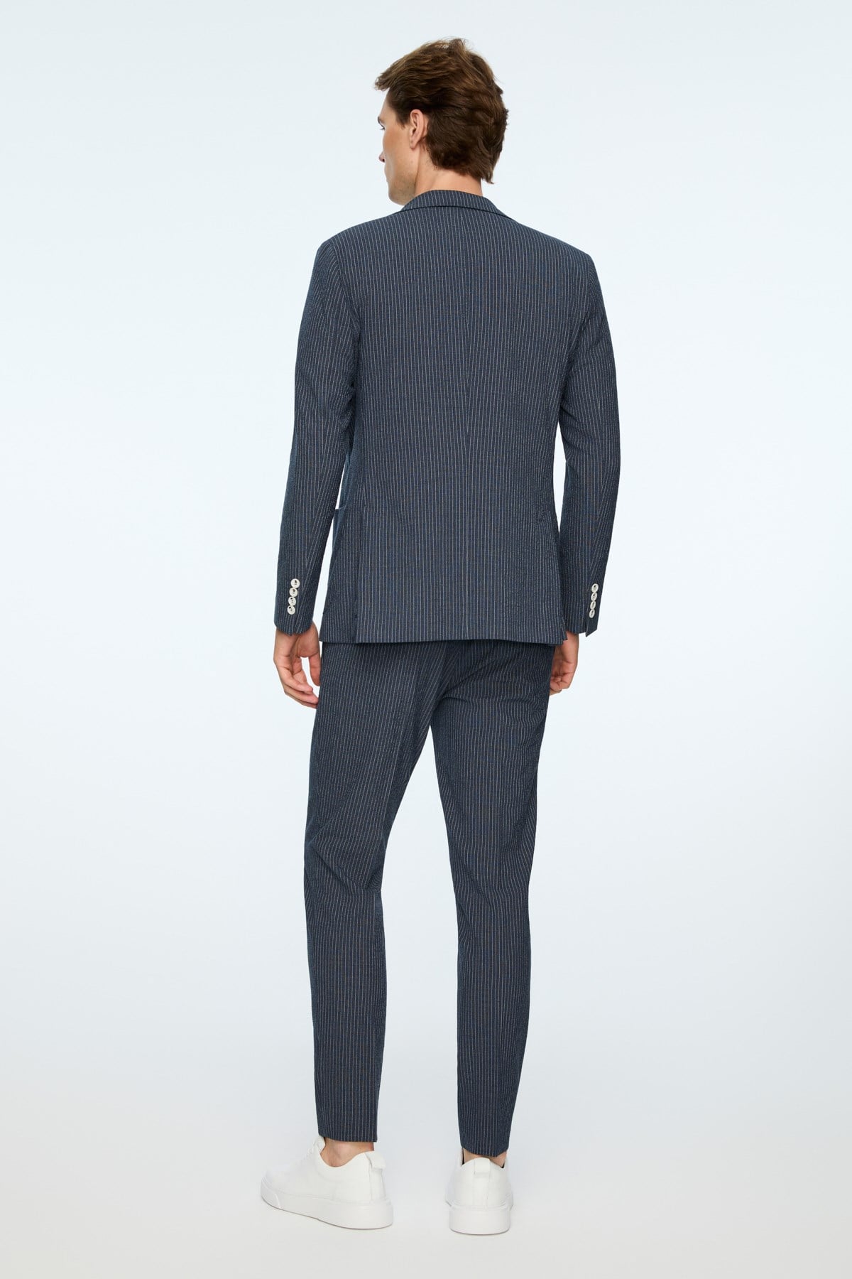 Morven Erkek Lacivert Poliviskon Trend Çizgili Slim Fit Mono Yaka Takım Elbise