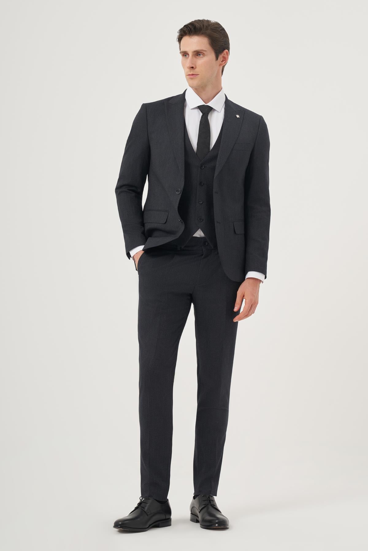Morven Erkek Lacivert Poliviskon Trend Desenli Slim Fit Sivri Yaka Yelekli Takım Elbise