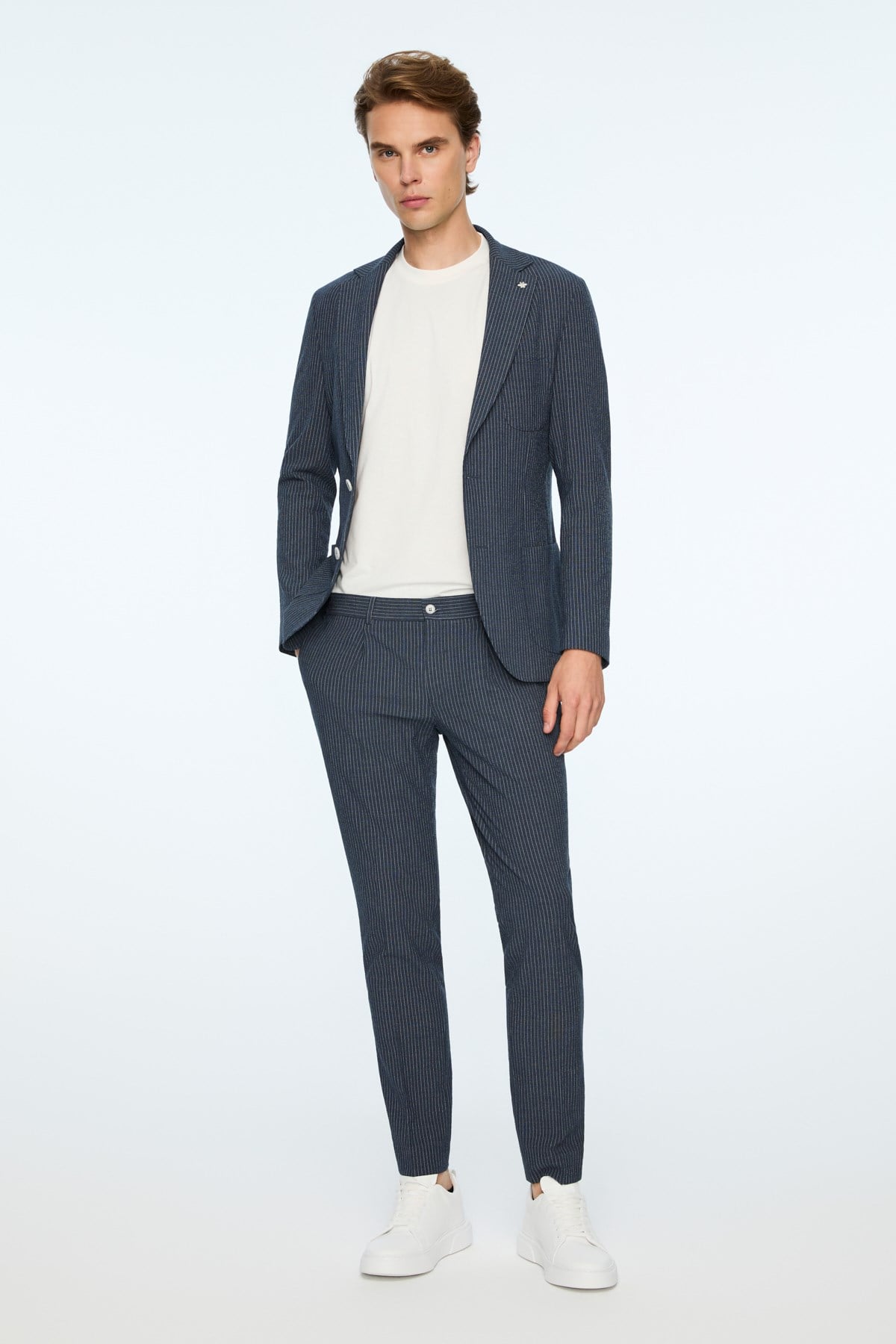 Morven Erkek Lacivert Poliviskon Trend Çizgili Slim Fit Mono Yaka Takım Elbise