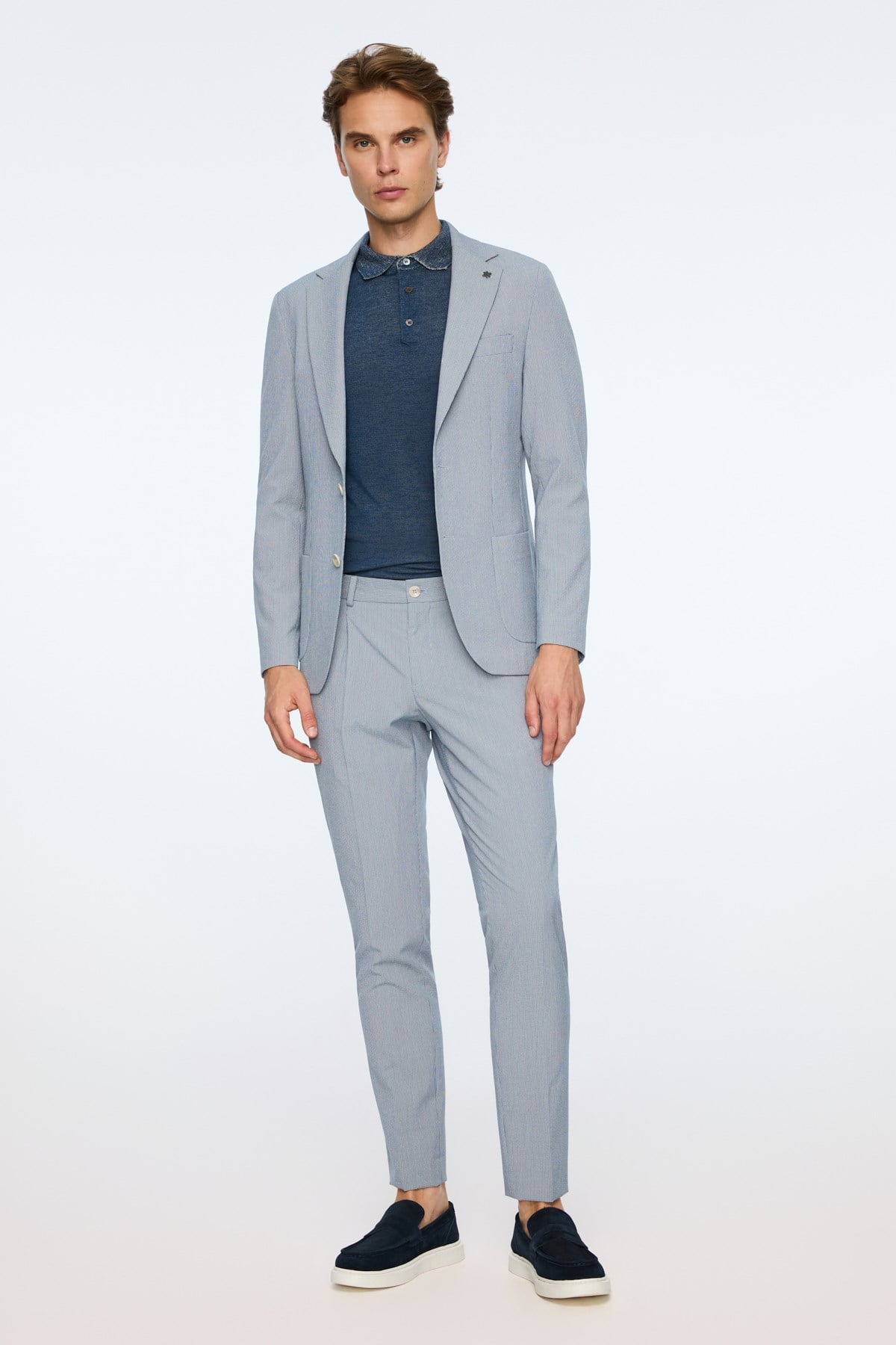 Morven Erkek Lacivert Poliviskon Trend Desenli Slim Fit Mono Yaka Ceket