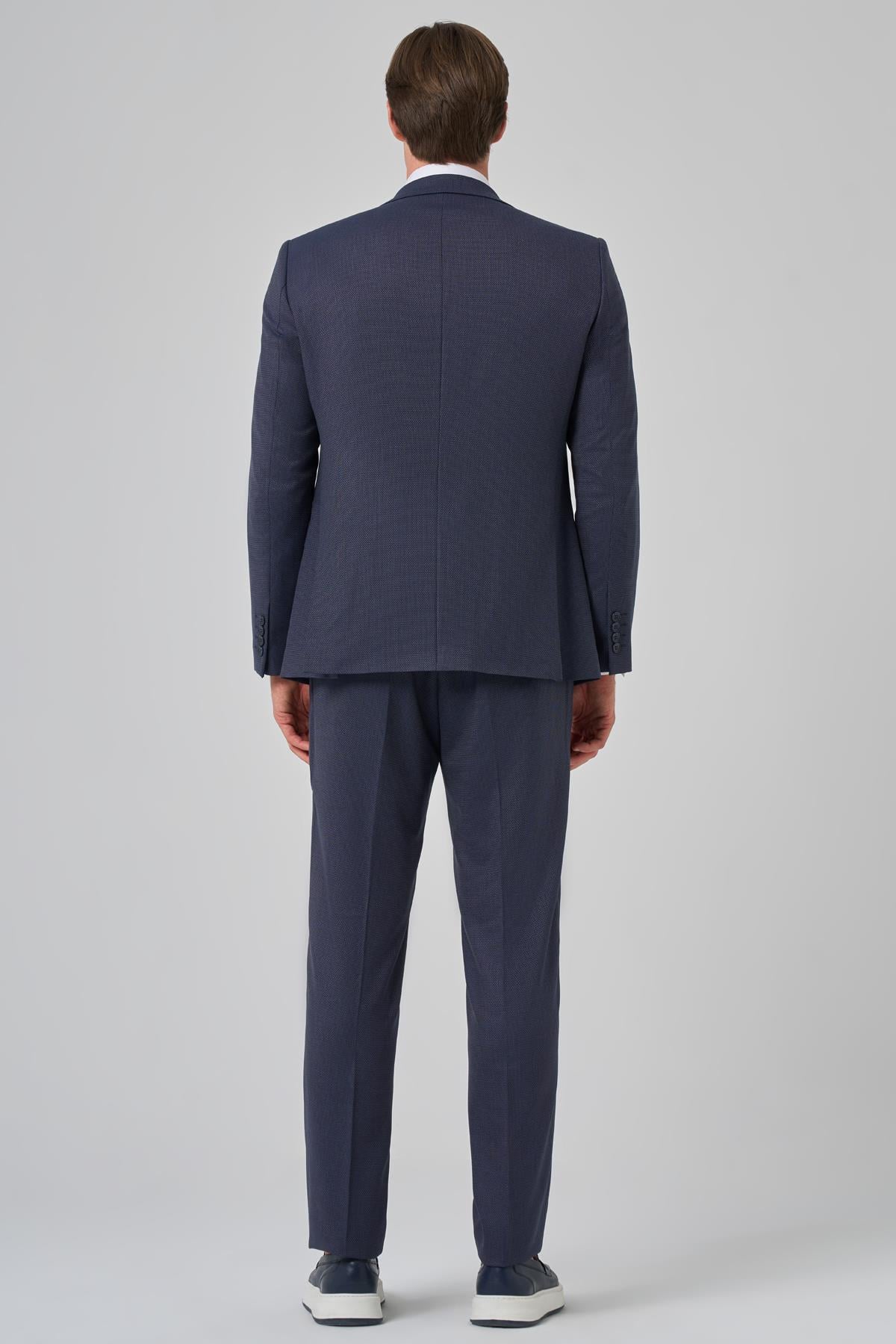 Morven Erkek Lacivert Poliviskon Yelekli Trend Desenli Slim Fit Sivri Yaka Takım Elbise