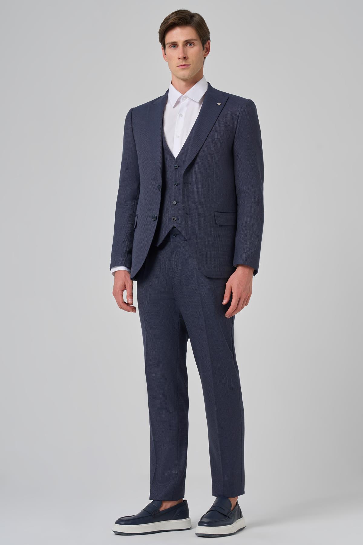 Morven Erkek Lacivert Poliviskon Yelekli Trend Desenli Slim Fit Sivri Yaka Takım Elbise