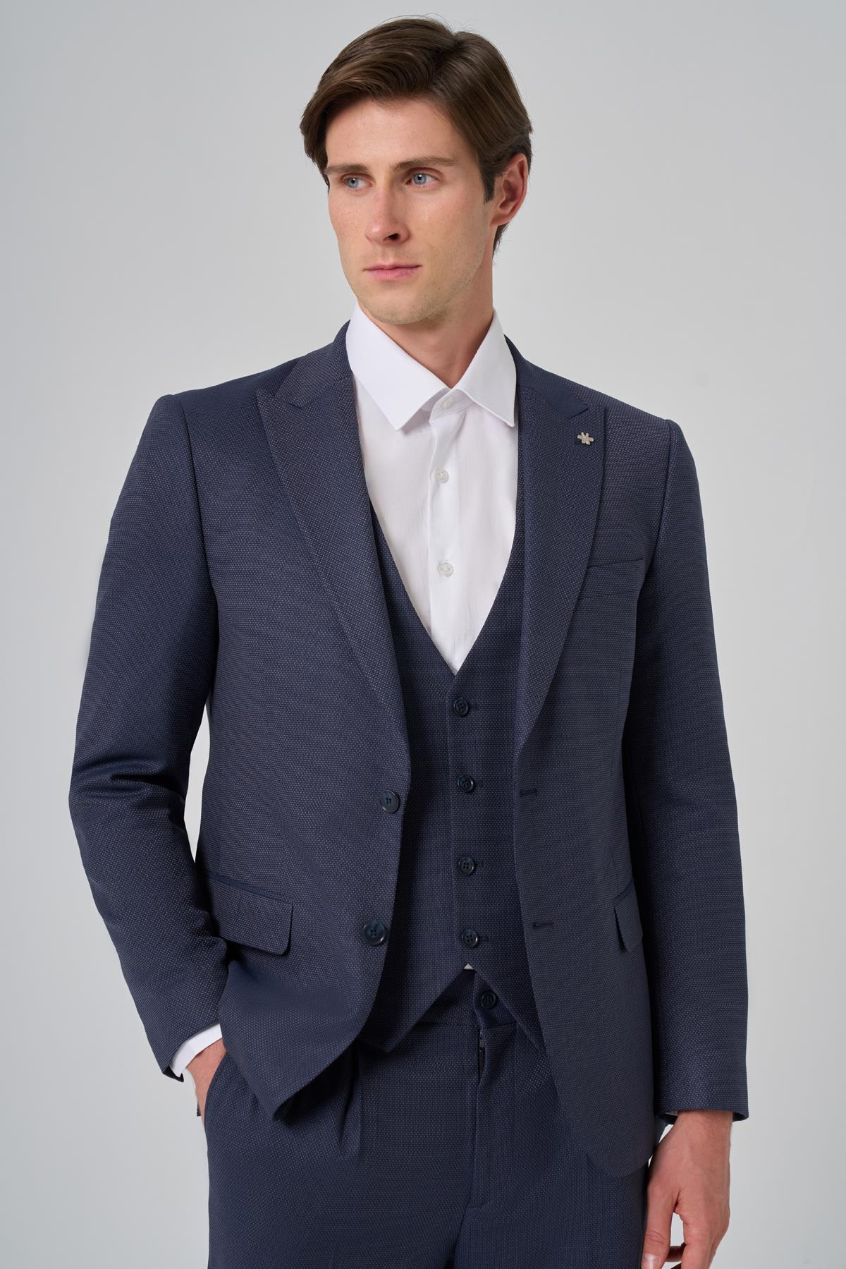 Morven Erkek Lacivert Poliviskon Yelekli Trend Desenli Slim Fit Sivri Yaka Takım Elbise