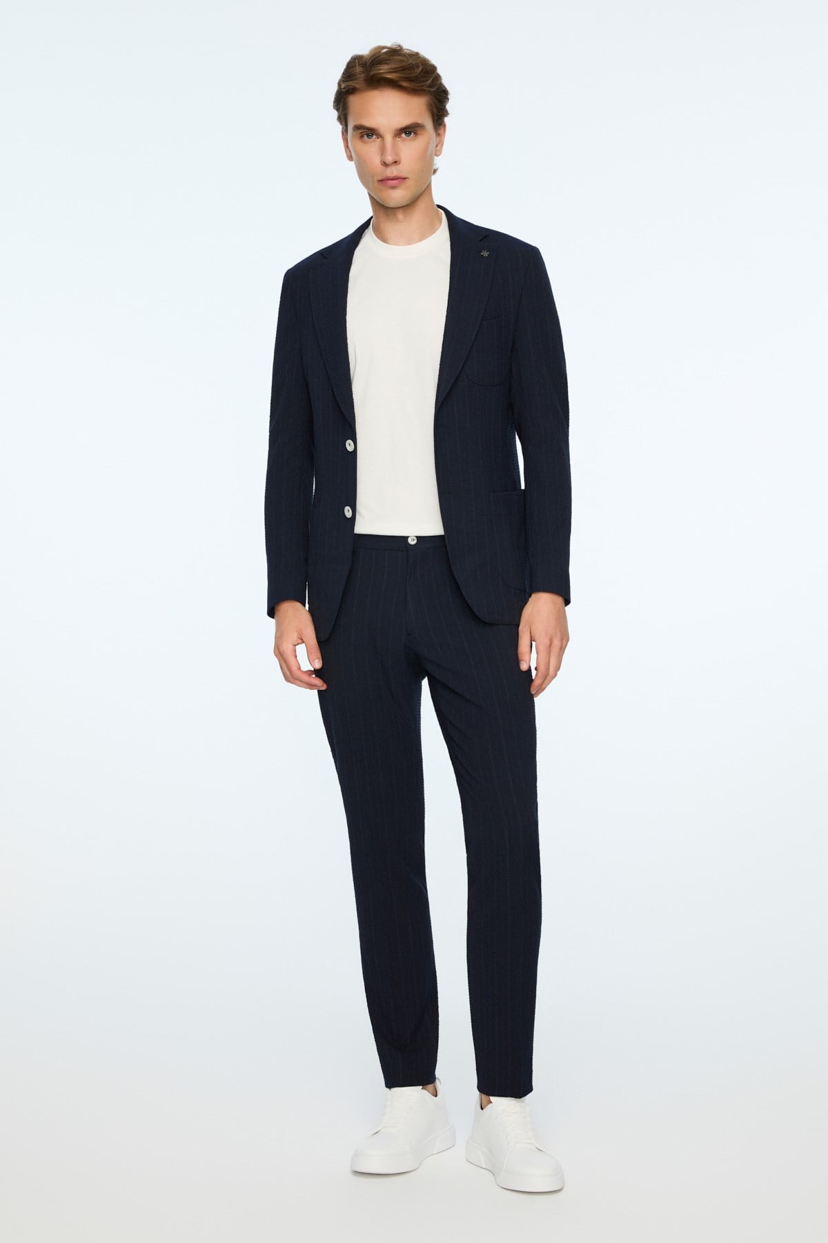 Morven Erkek Lacivert Polyester Trend Gofre Slim Fit Mono Yaka Takım Elbise