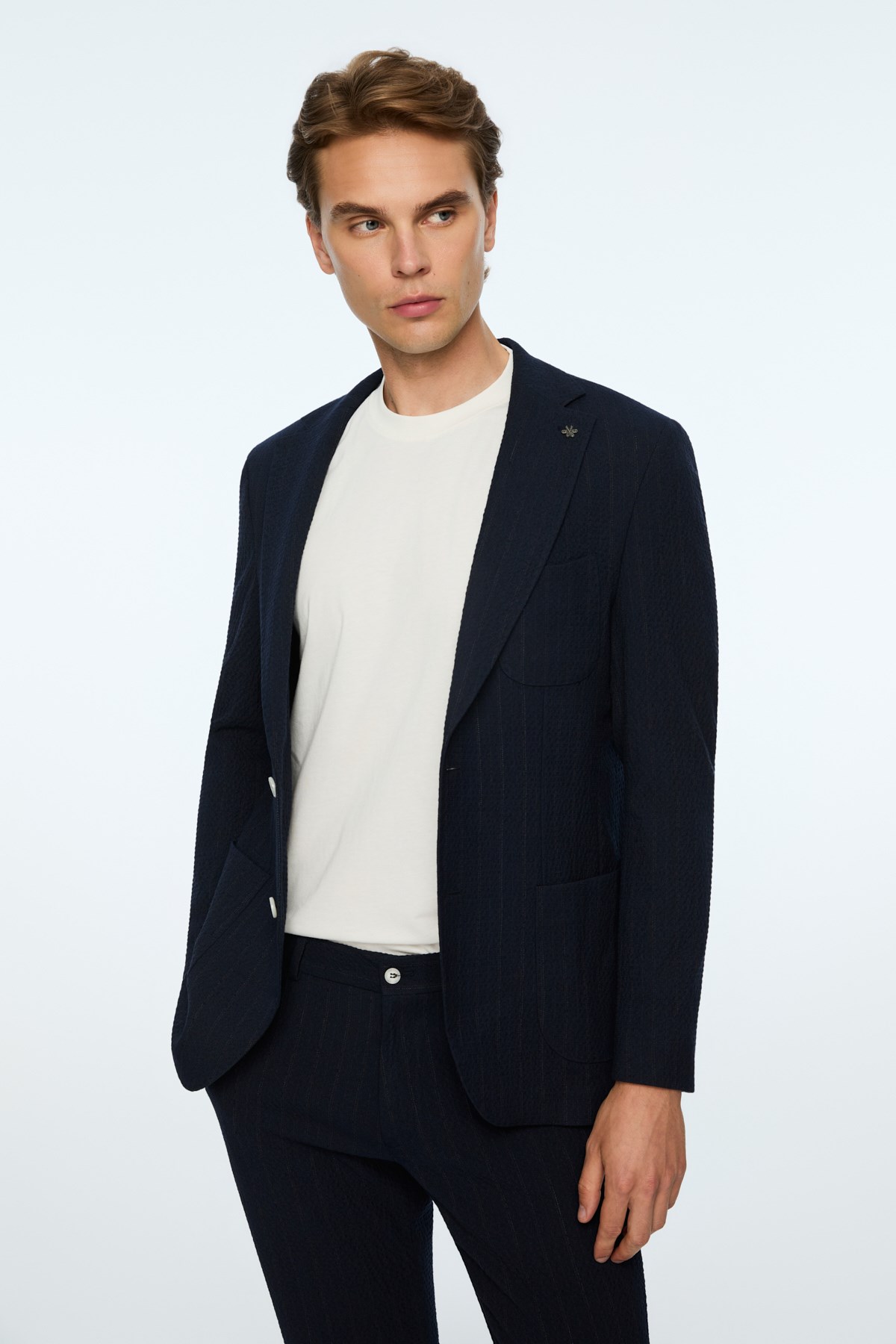 Morven Erkek Lacivert Polyester Trend Gofre Slim Fit Mono Yaka Takım Elbise