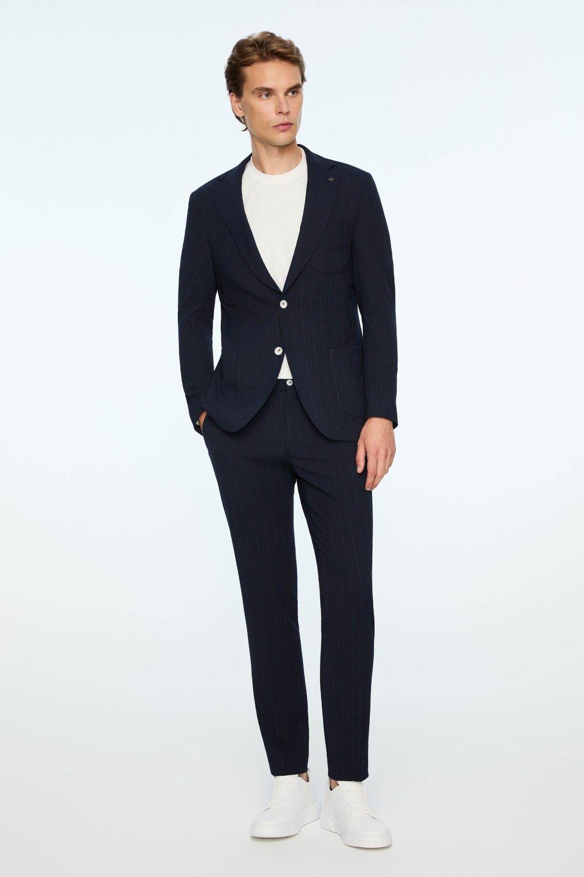 Morven Erkek Lacivert Polyester Trend Gofre Slim Fit Mono Yaka Takım Elbise