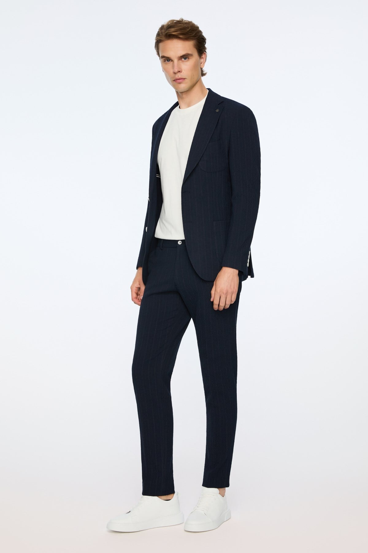Morven Erkek Lacivert Polyester Trend Gofre Slim Fit Mono Yaka Takım Elbise