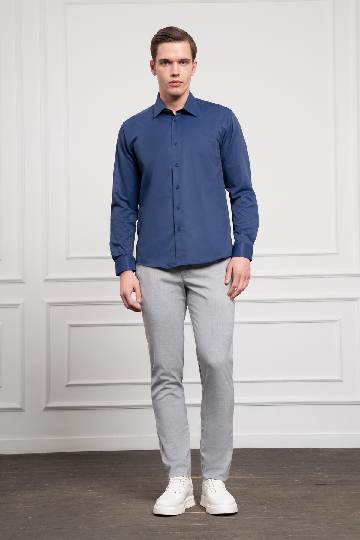 Morven Erkek Lacivert Slim Fit Dar Kesim Sert Spor Yaka Gömlek