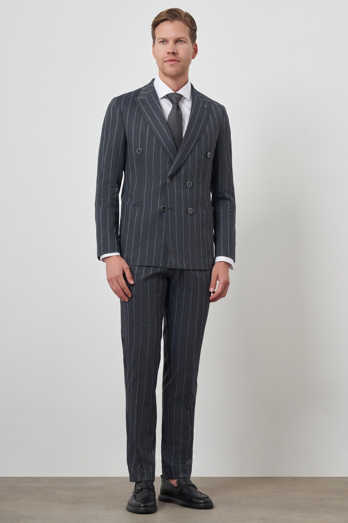 Morven Erkek Lacivert Tend Keten Kruvaze Slim  Fit Sivri Yaka Takım Elbise