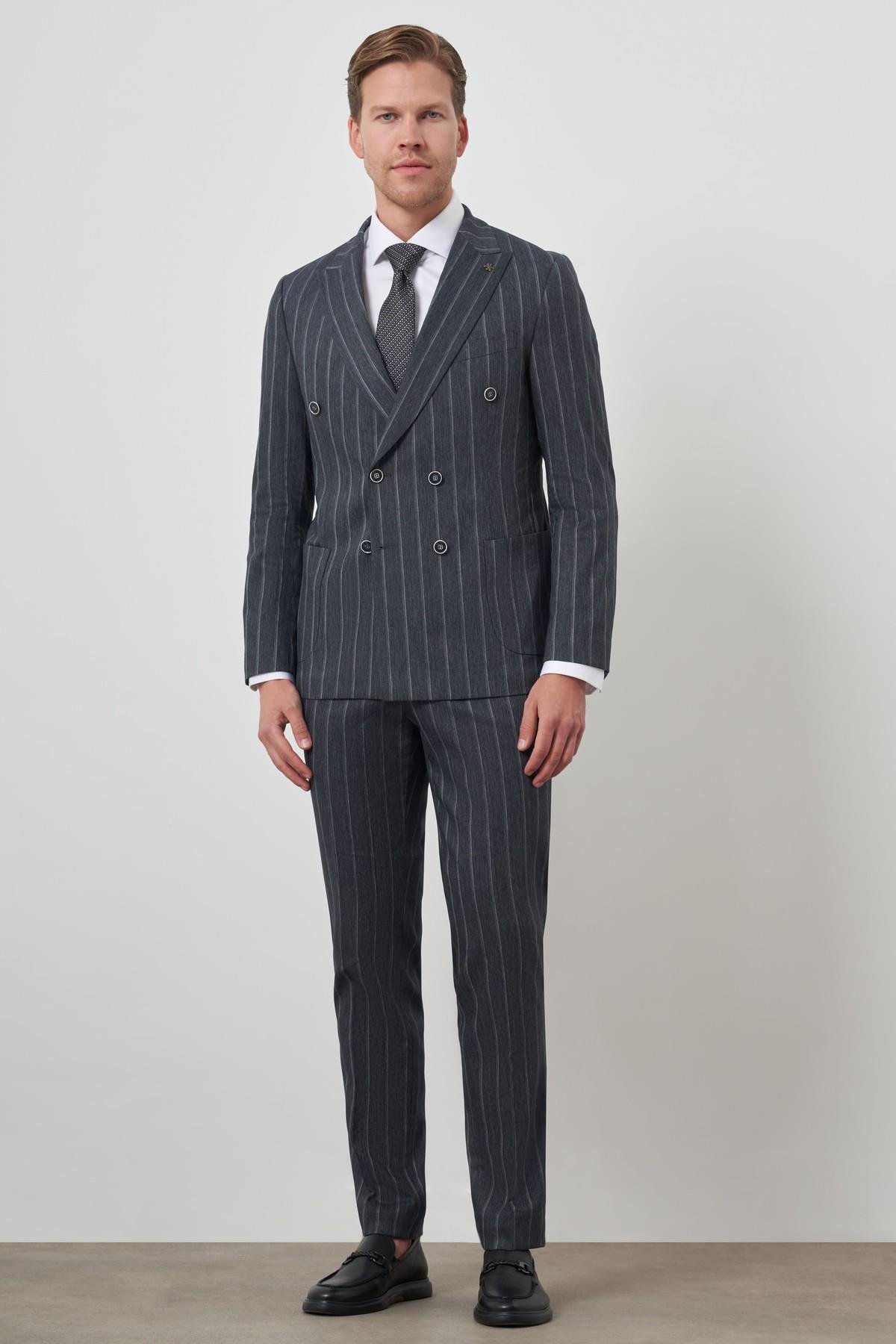 Morven Erkek Lacivert Tend Keten Kruvaze Slim  Fit Sivri Yaka Takım Elbise